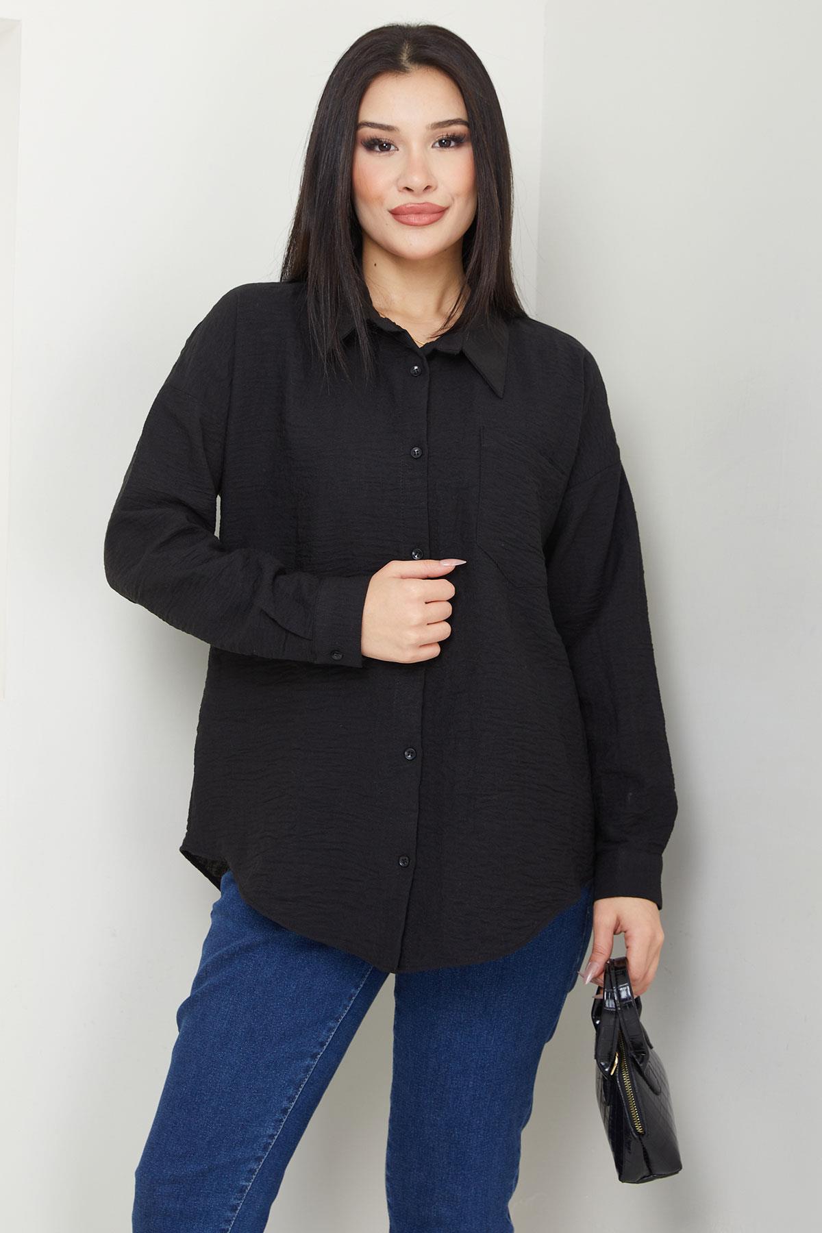 Cepli Oversize Keten Gömlek Siyah SS2651