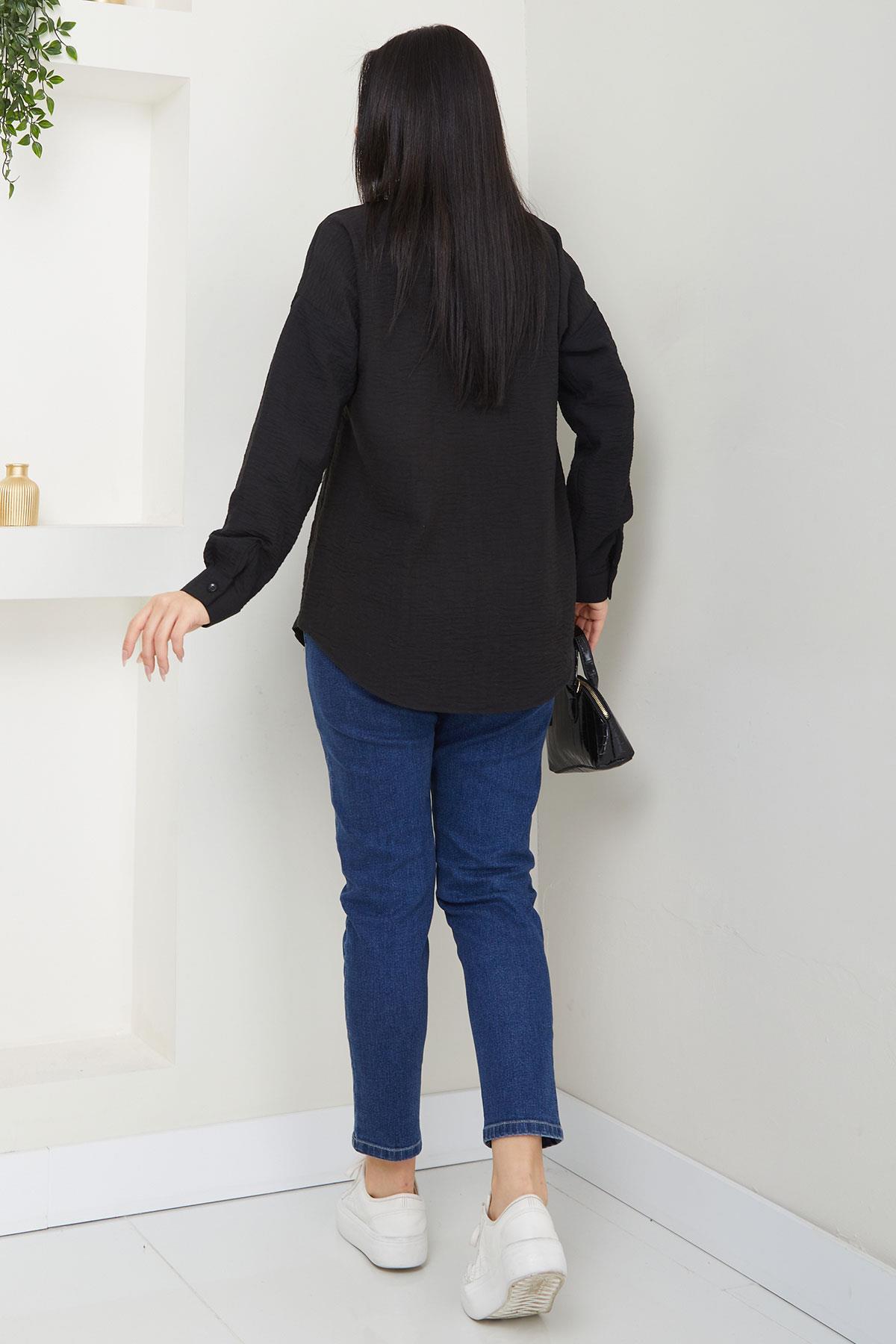 Cepli Oversize Keten Gömlek Siyah SS2651