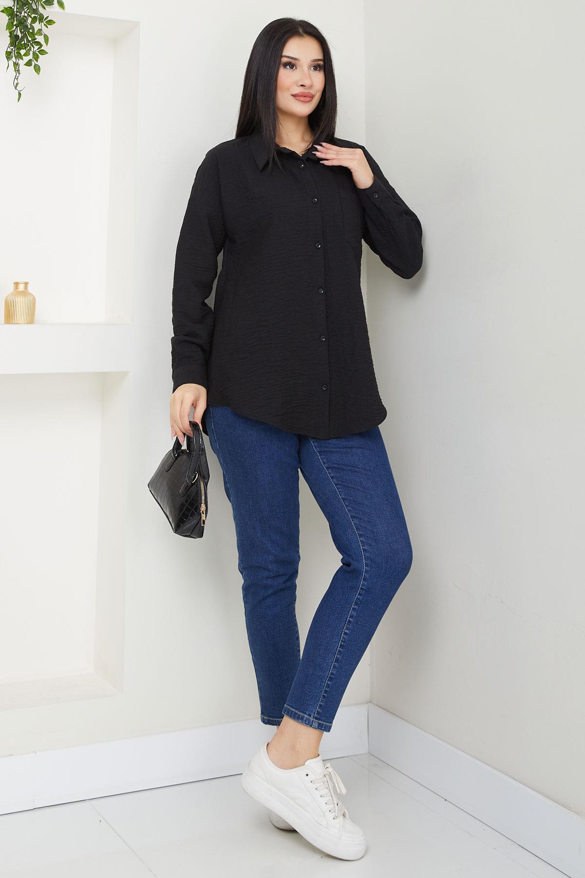 Cepli Oversize Keten Gömlek Siyah SS2651