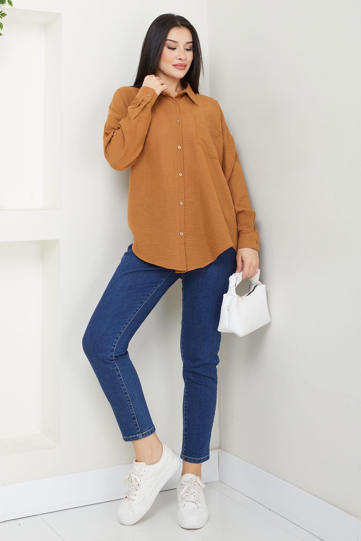 Cepli Oversize Keten Gömlek Taba SS2651