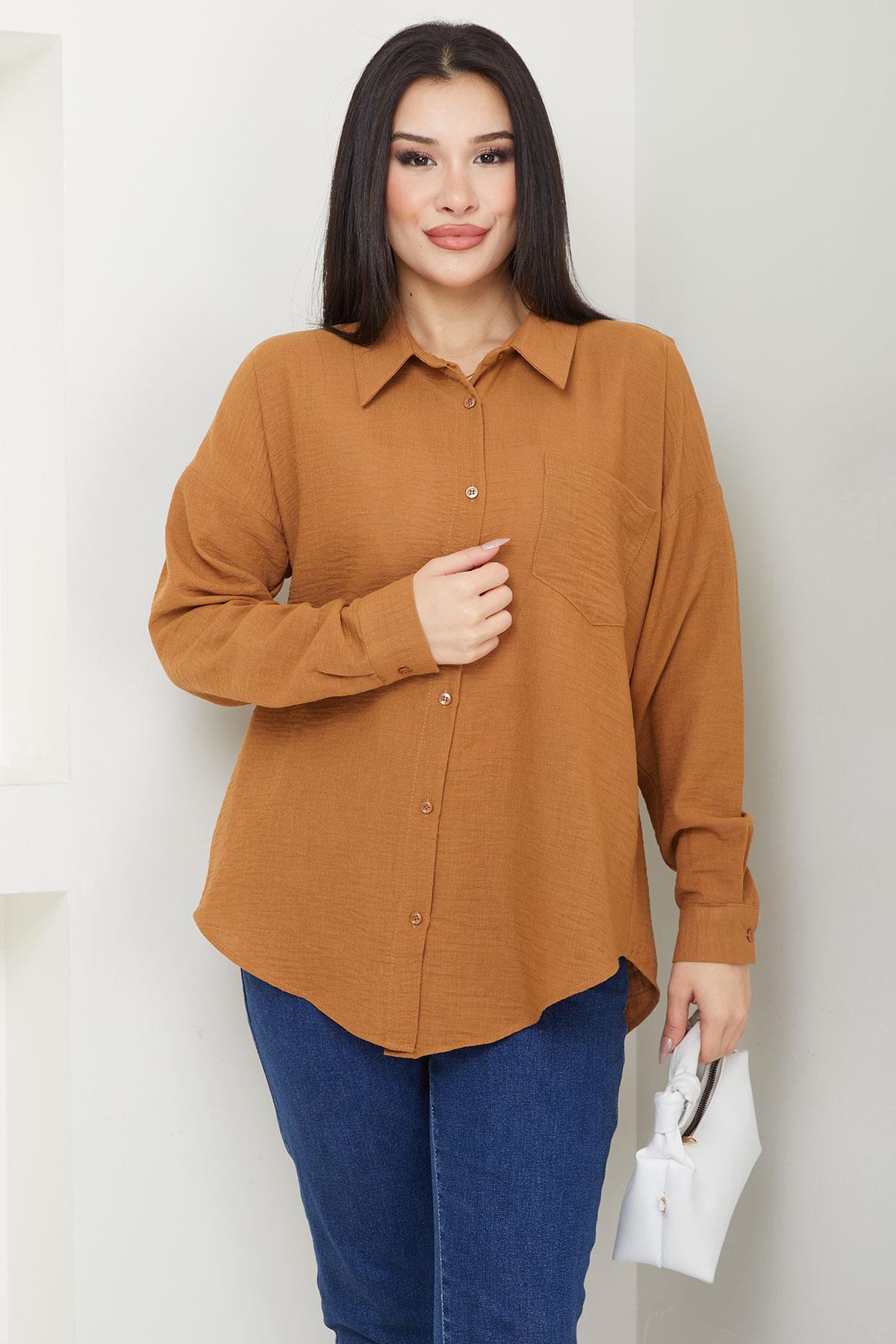 Cepli Oversize Keten Gömlek Taba SS2651