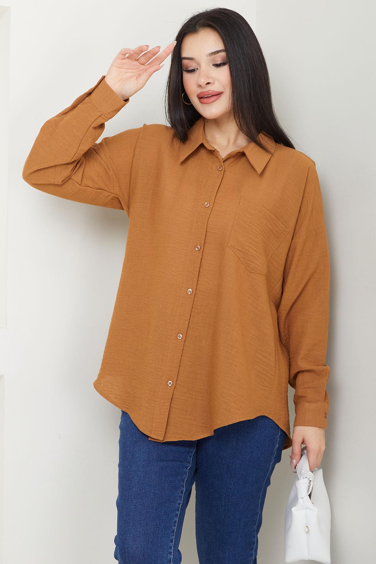 Cepli Oversize Keten Gömlek Taba SS2651