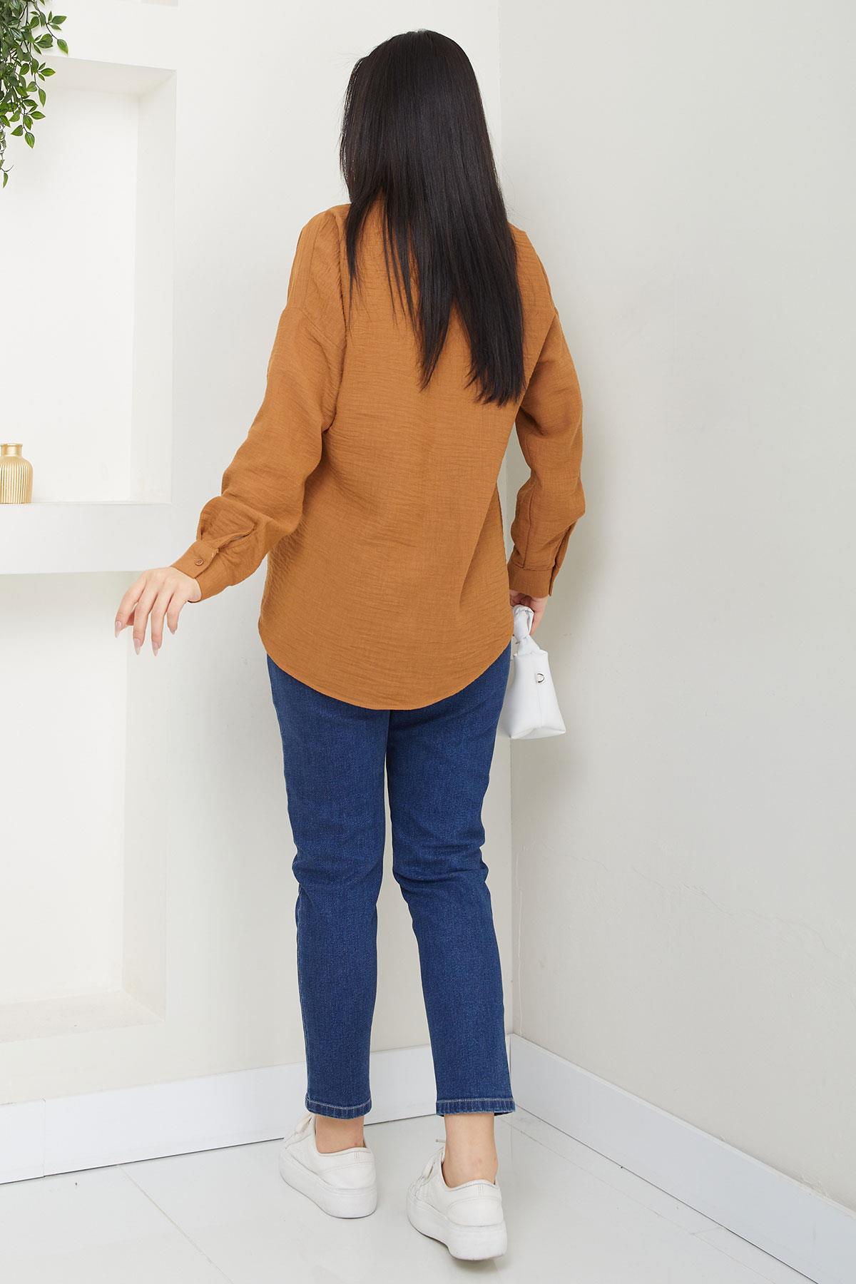 Cepli Oversize Keten Gömlek Taba SS2651