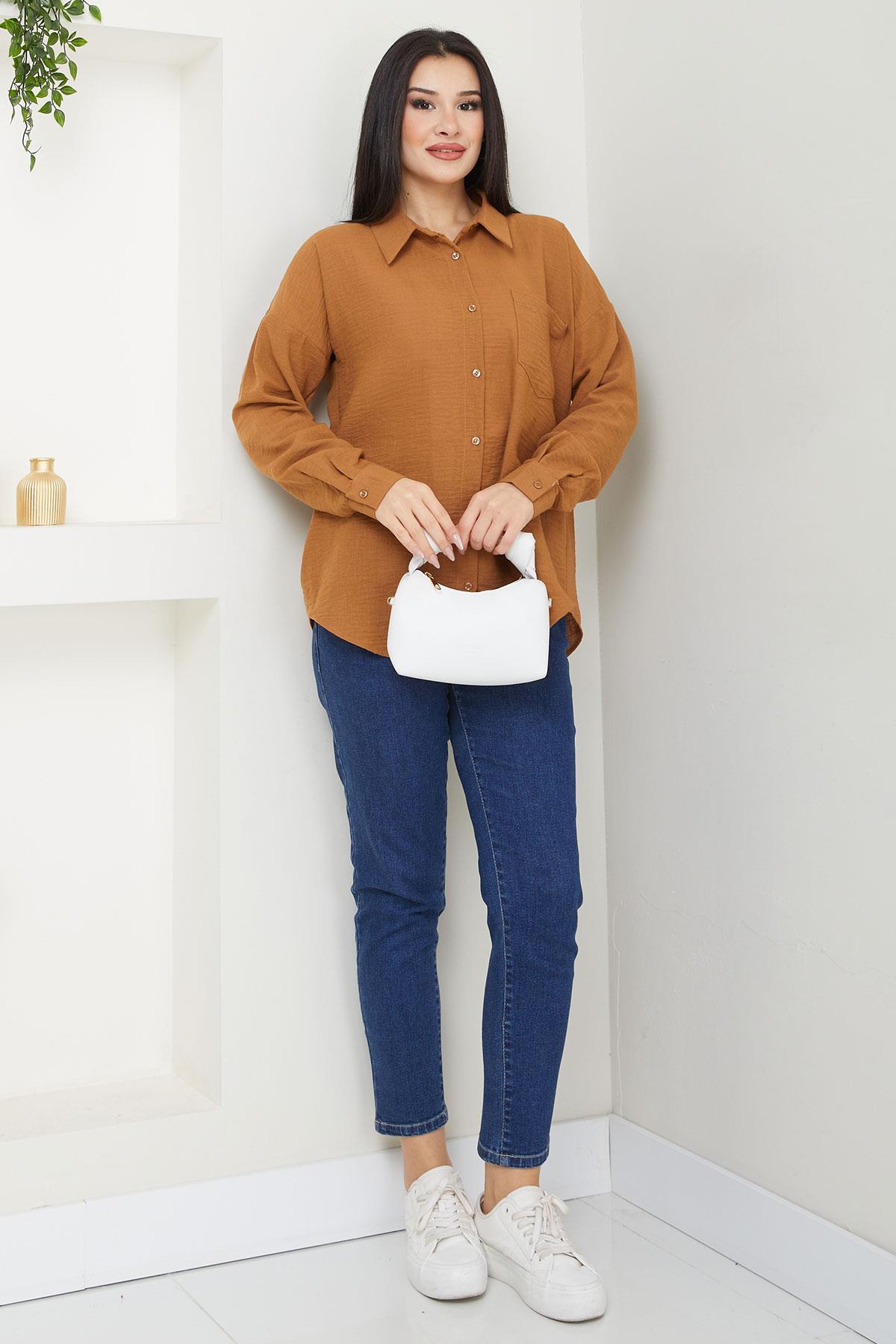 Cepli Oversize Keten Gömlek Taba SS2651