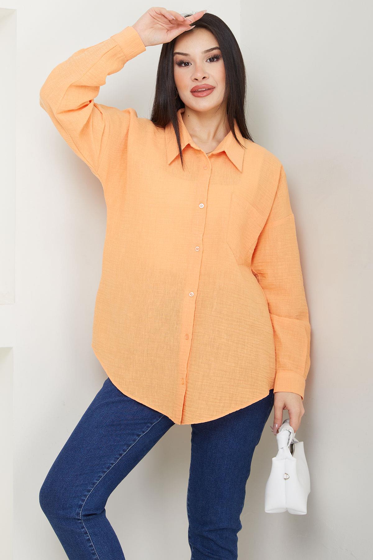 Cepli Oversize Keten Gömlek Turuncu SS2651
