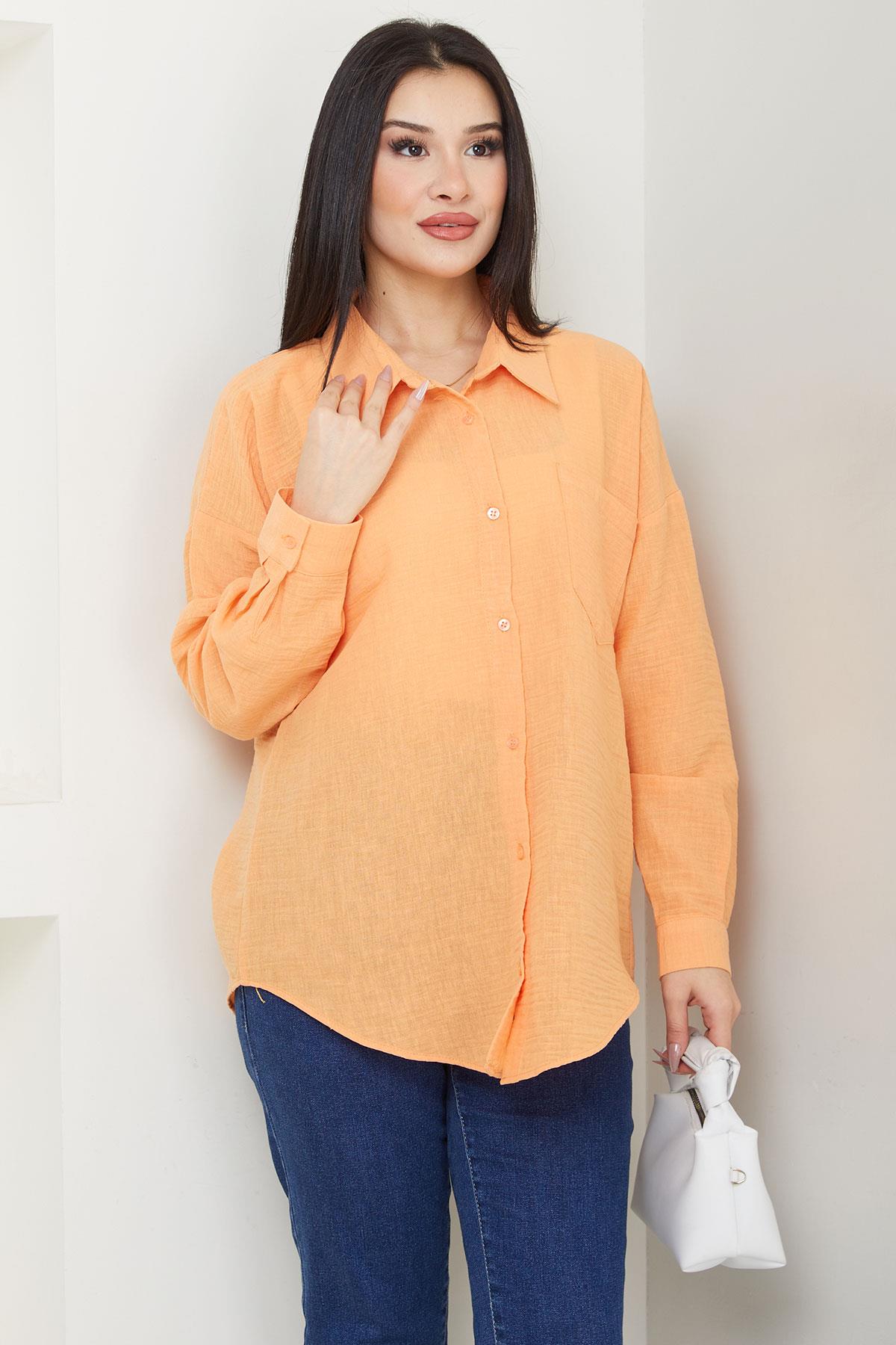 Cepli Oversize Keten Gömlek Turuncu SS2651