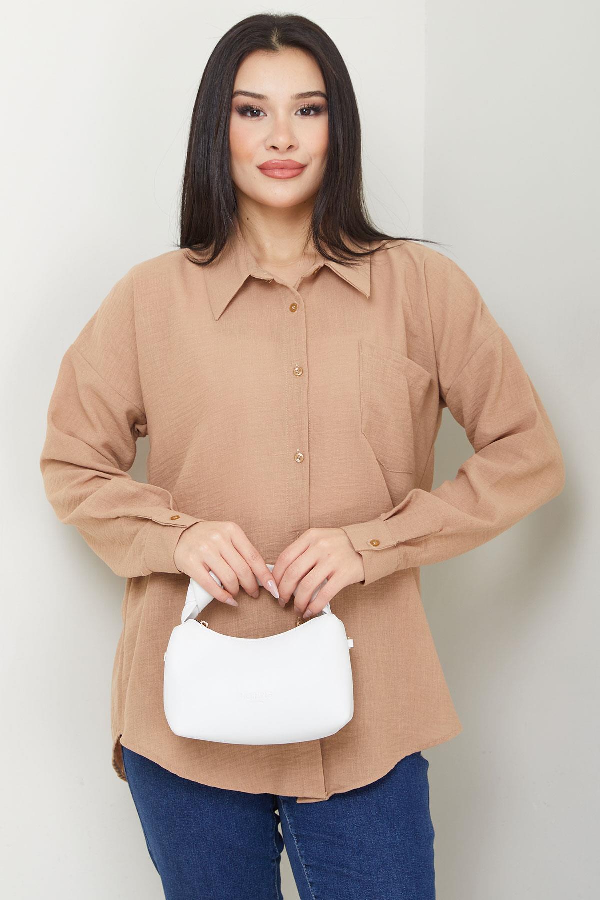 Cepli Oversize Keten Gömlek Vizon SS2651