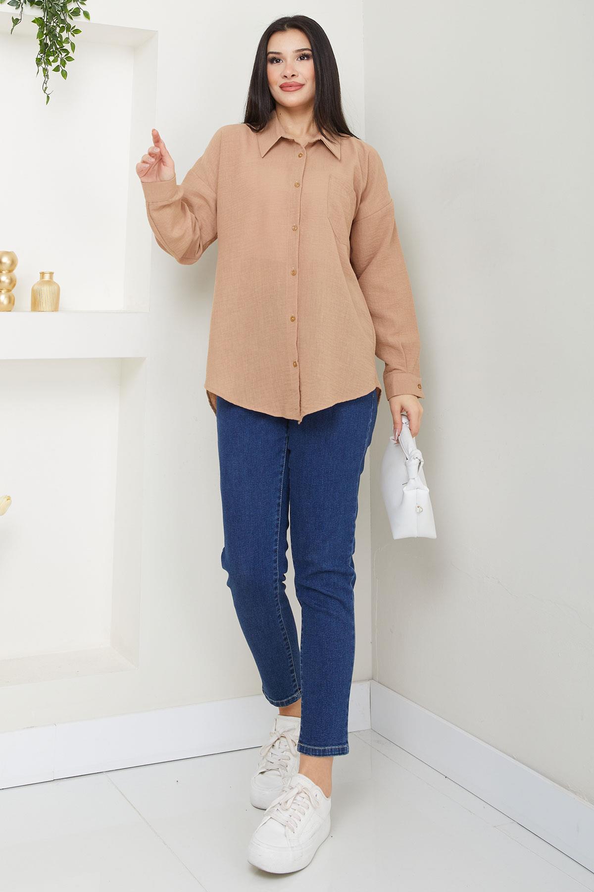 Cepli Oversize Keten Gömlek Vizon SS2651