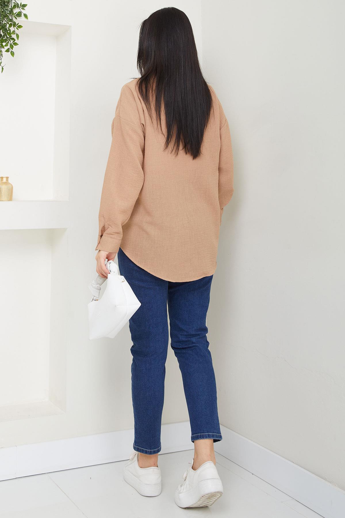 Cepli Oversize Keten Gömlek Vizon SS2651