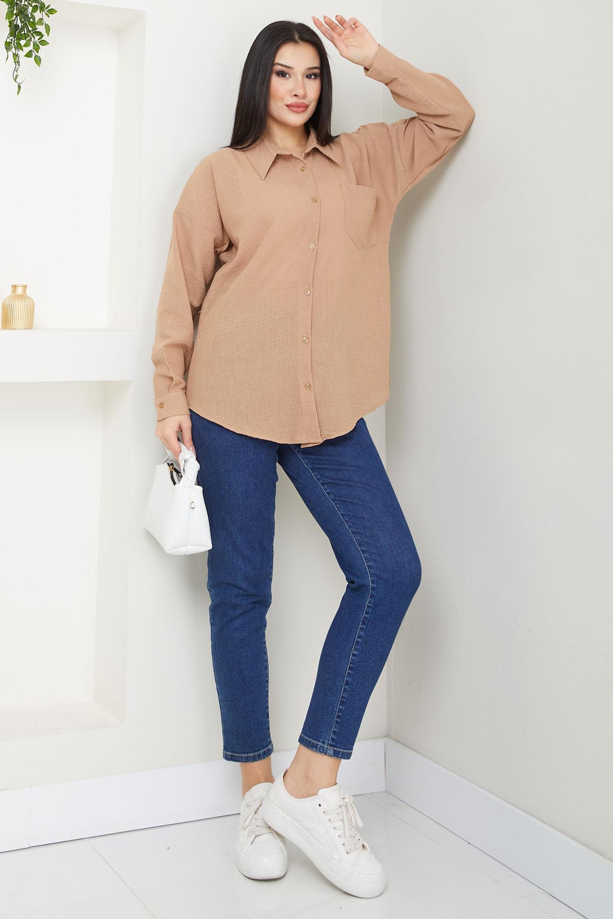 Cepli Oversize Keten Gömlek Vizon SS2651