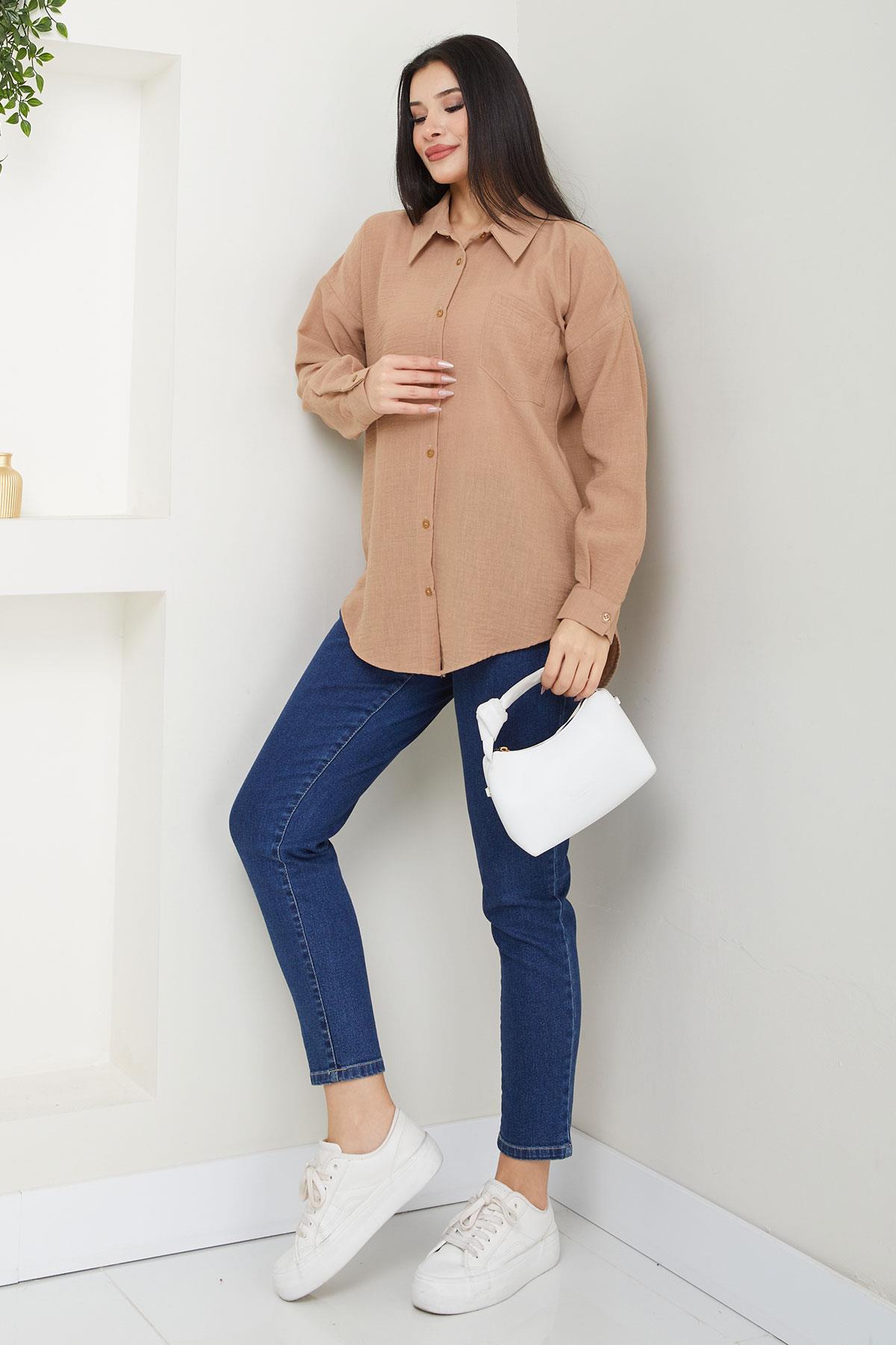 Cepli Oversize Keten Gömlek Vizon SS2651