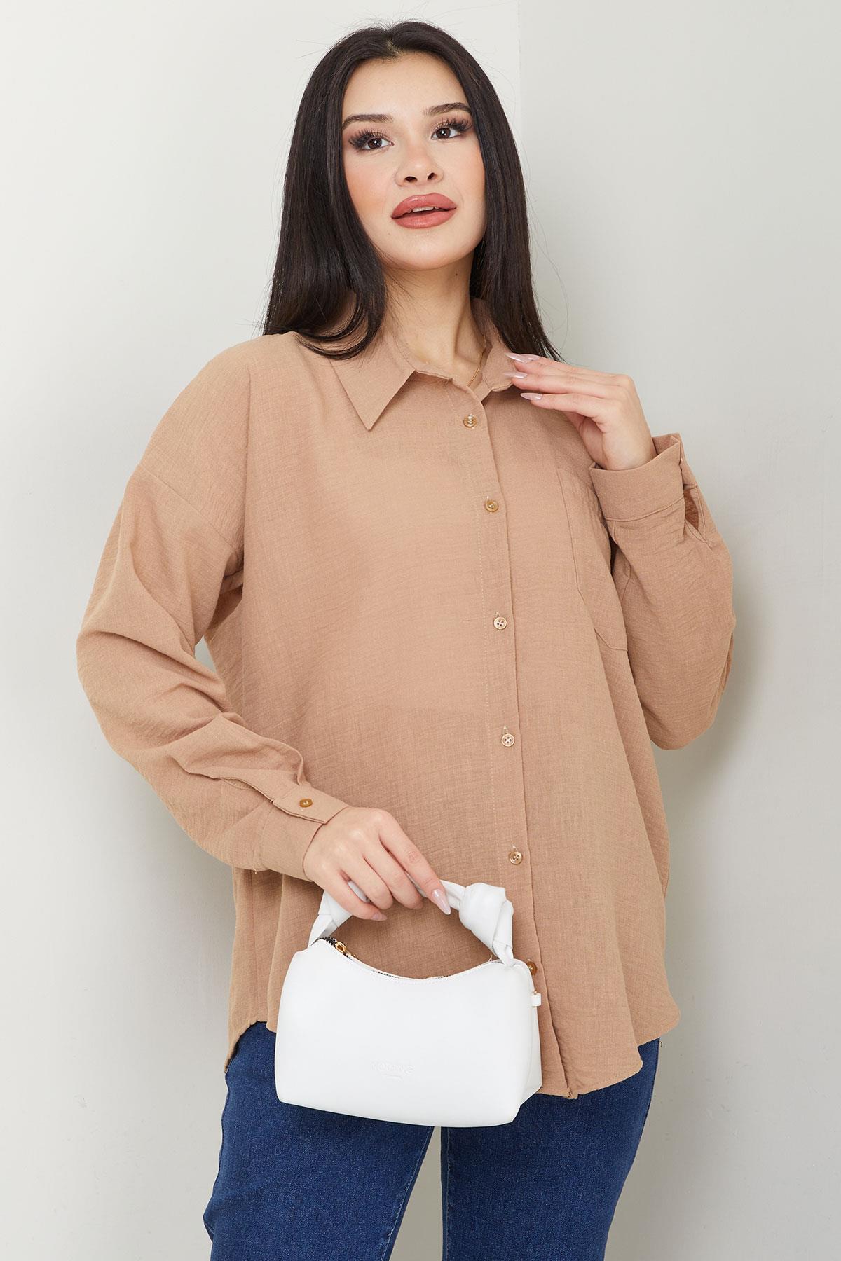 Cepli Oversize Keten Gömlek Vizon SS2651