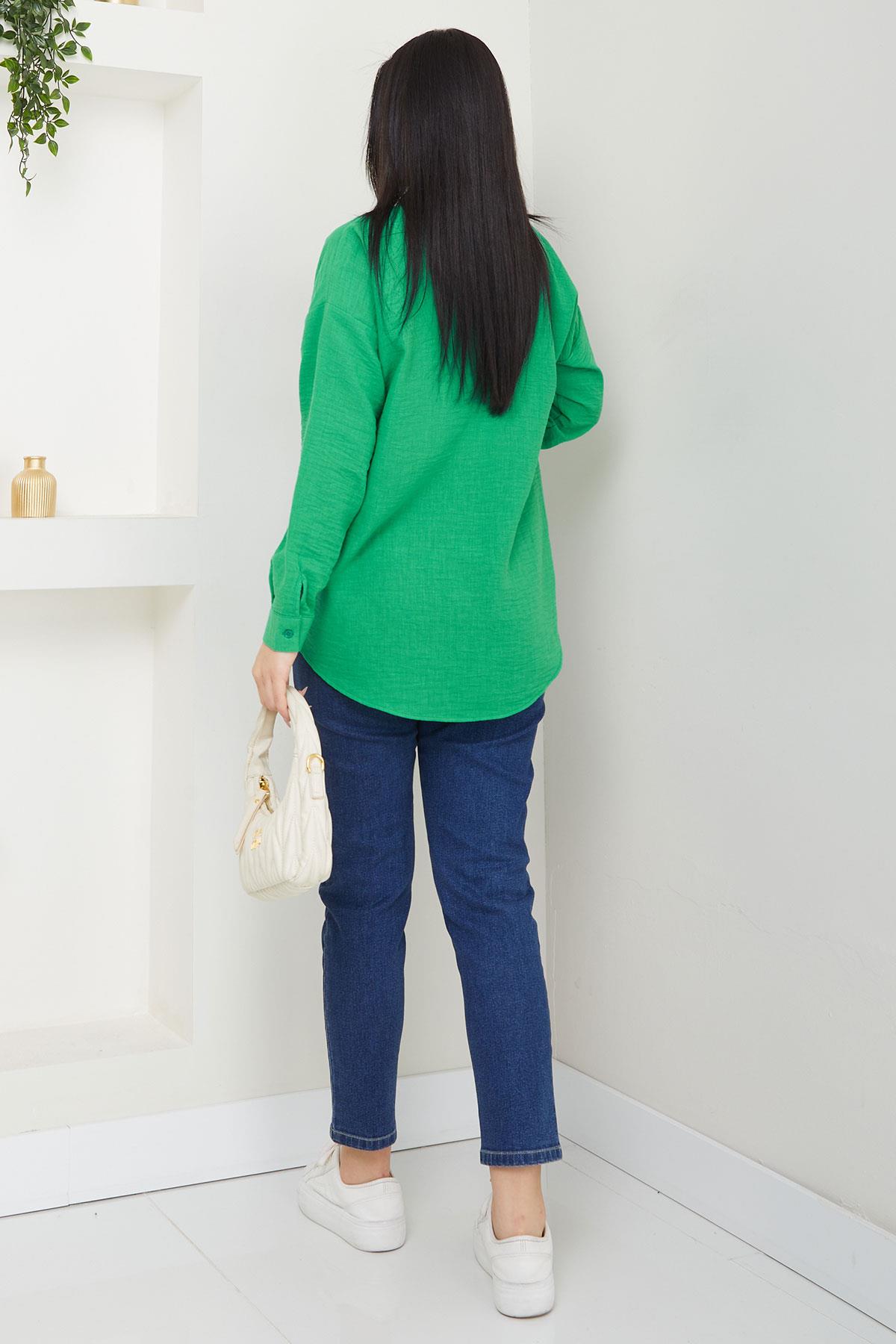 Cepli Oversize Keten Gömlek Yeşil SS2651