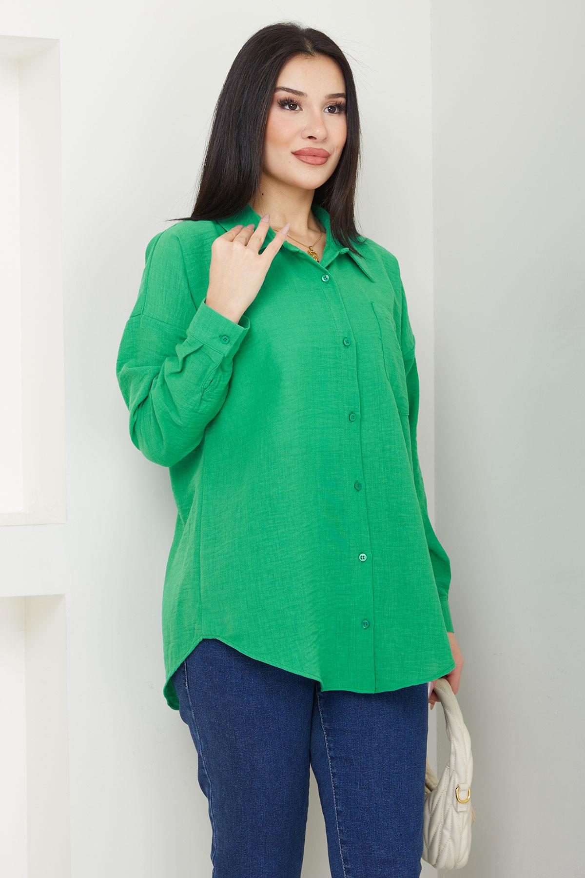 Cepli Oversize Keten Gömlek Yeşil SS2651