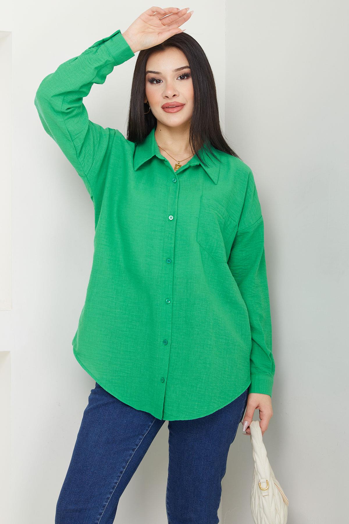 Cepli Oversize Keten Gömlek Yeşil SS2651