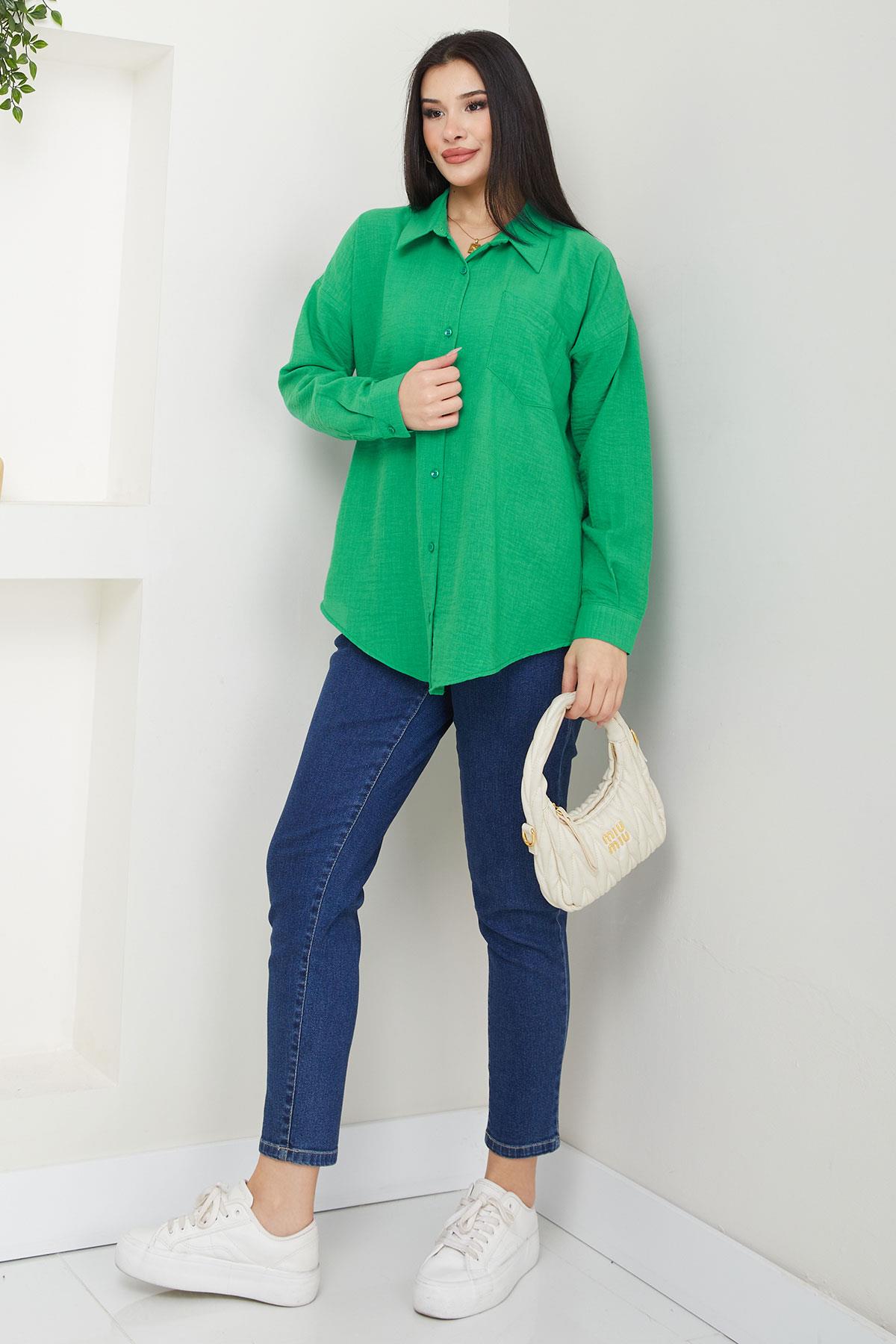 Cepli Oversize Keten Gömlek Yeşil SS2651