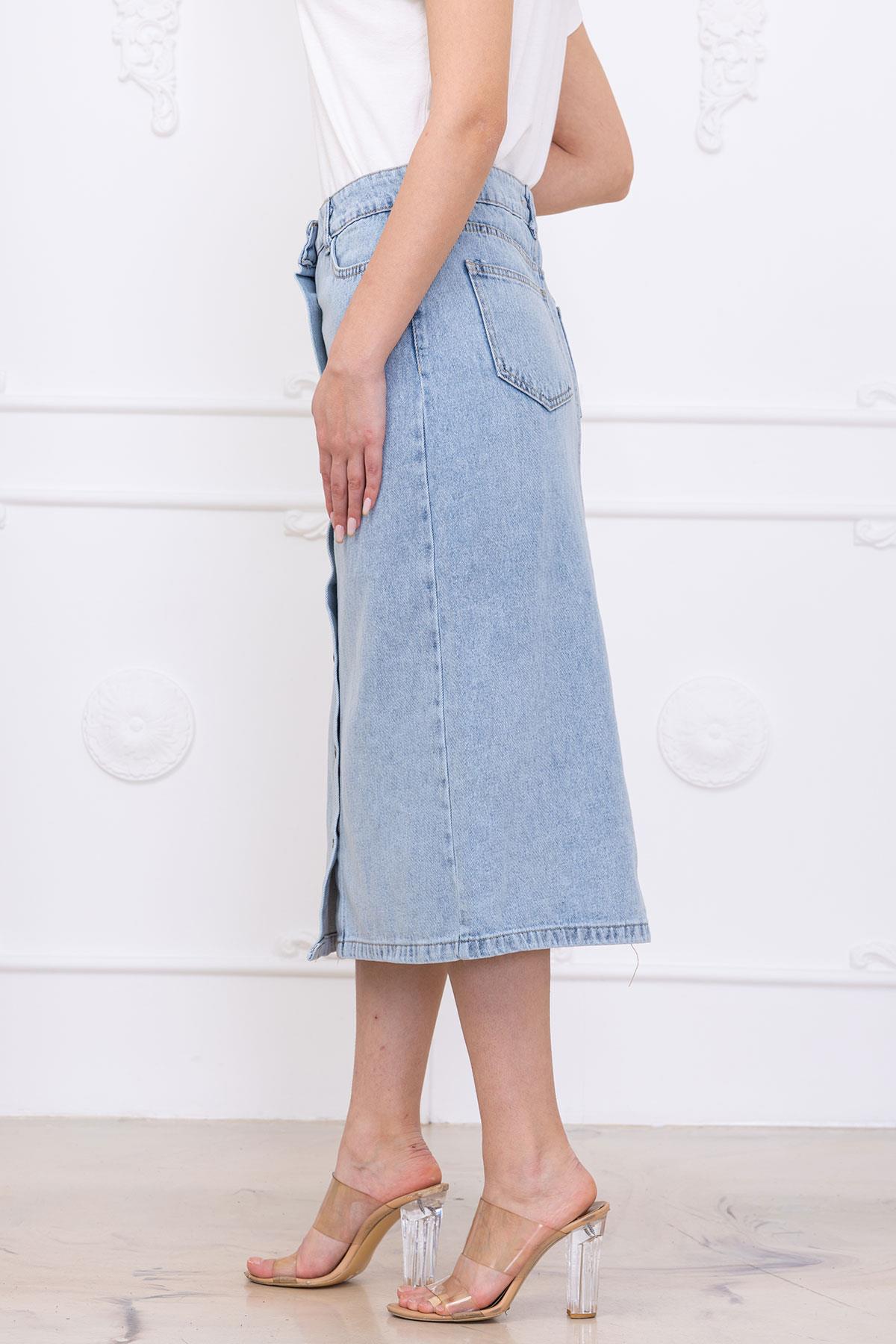 Düğmeli Kot Etek Açık Mavi SS2697