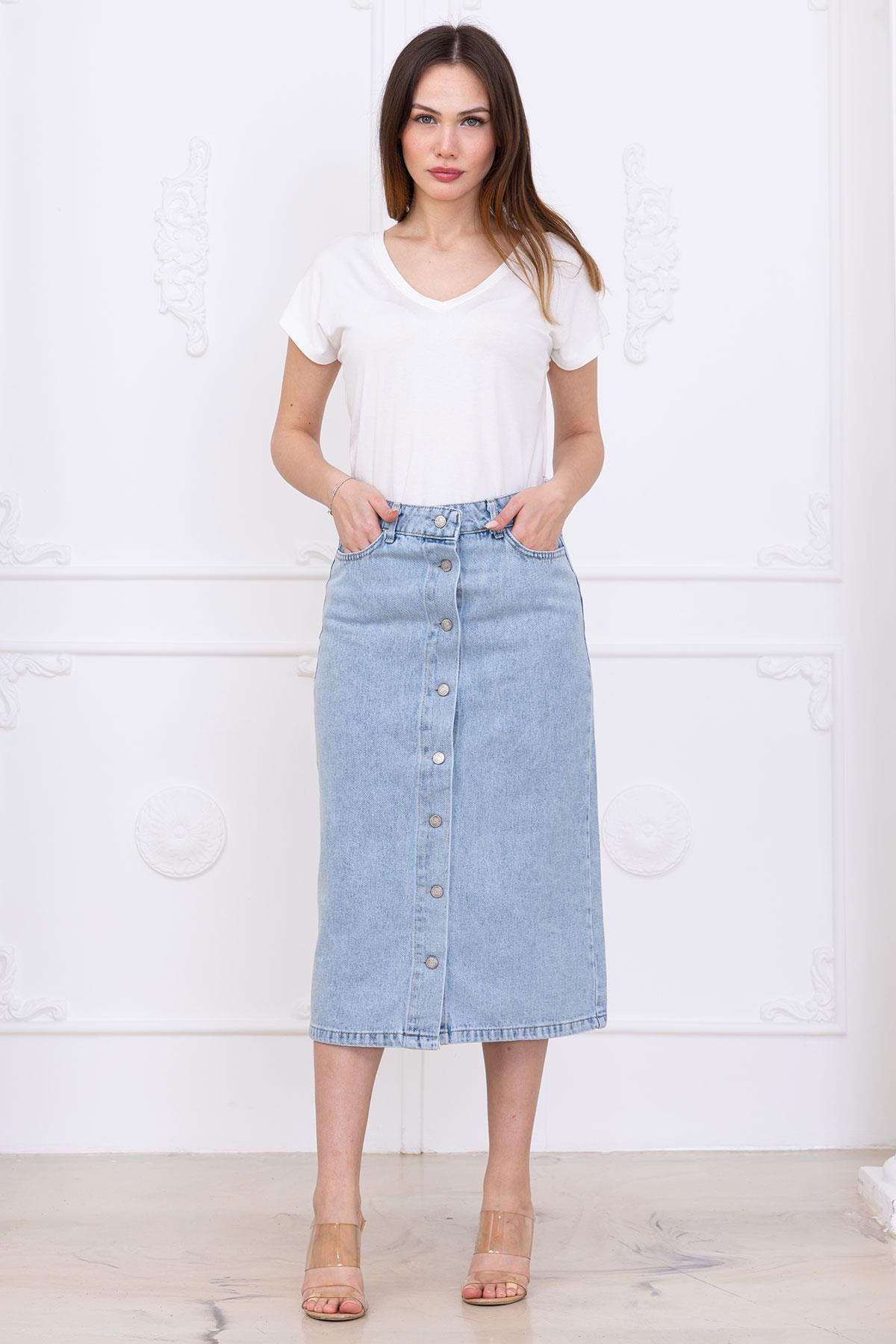 Düğmeli Kot Etek Açık Mavi SS2697