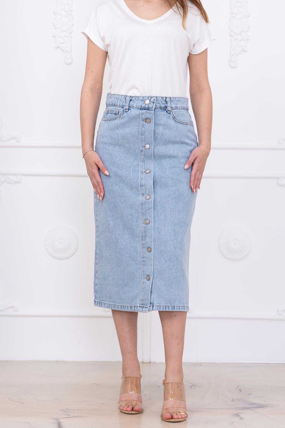 Düğmeli Kot Etek Açık Mavi SS2697