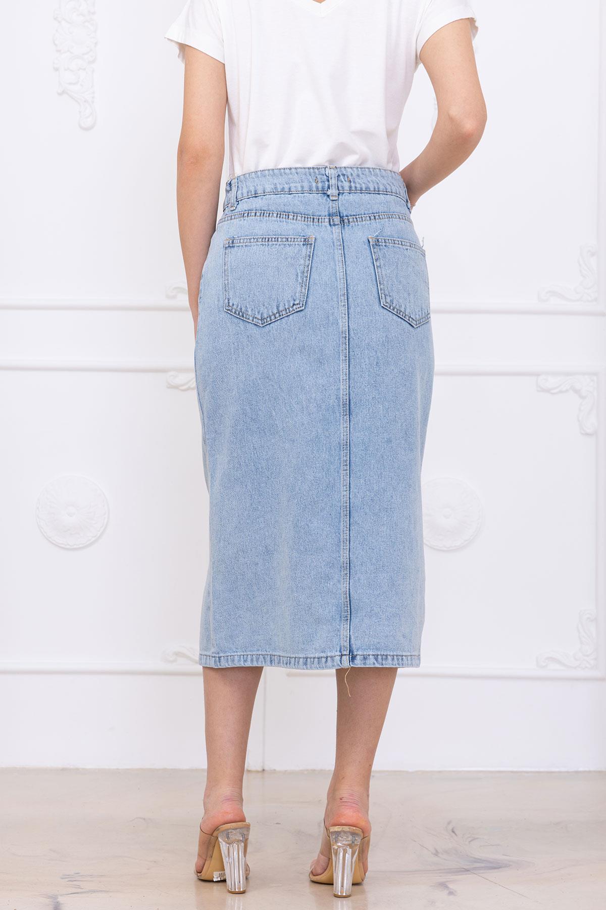 Düğmeli Kot Etek Açık Mavi SS2697
