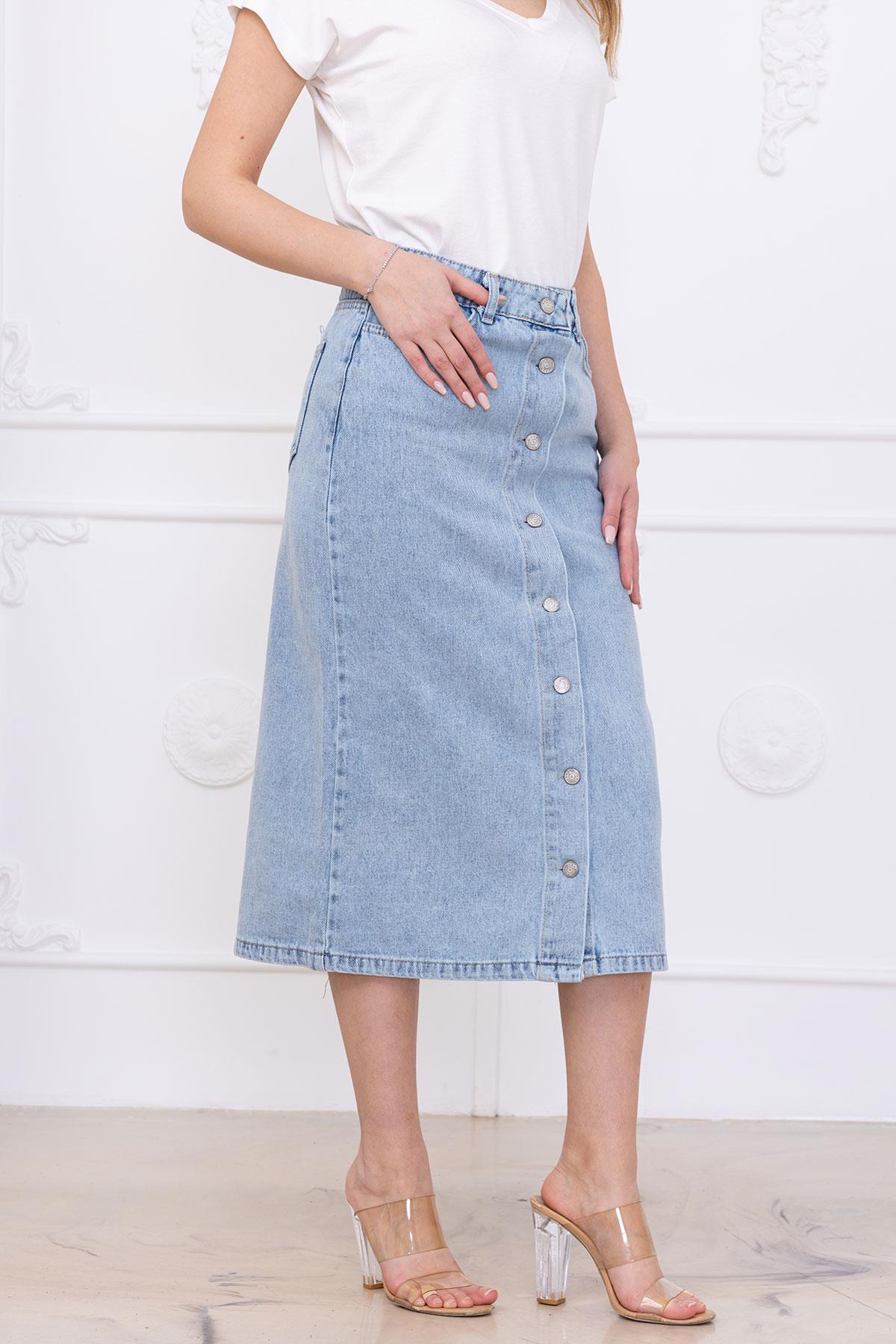 Düğmeli Kot Etek Açık Mavi SS2697