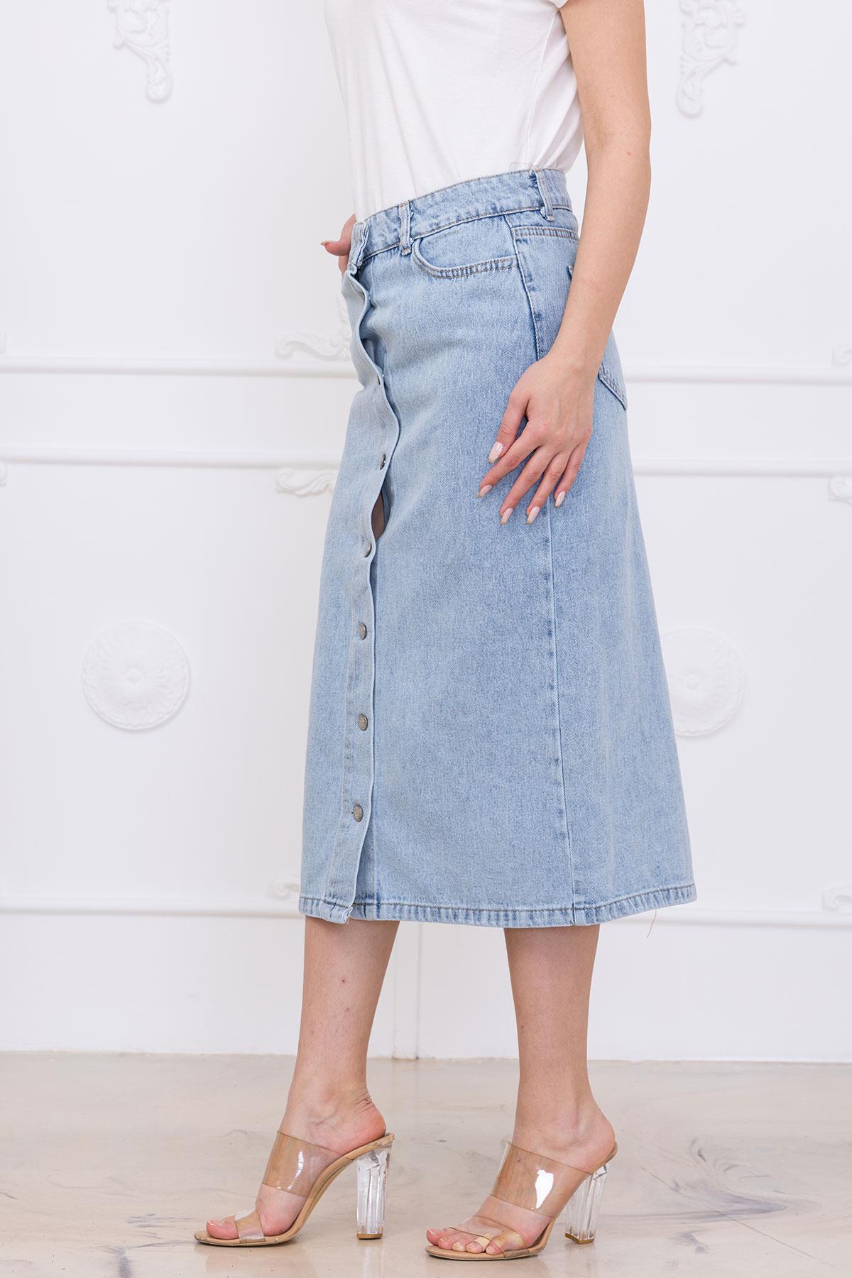 Düğmeli Kot Etek Açık Mavi SS2697