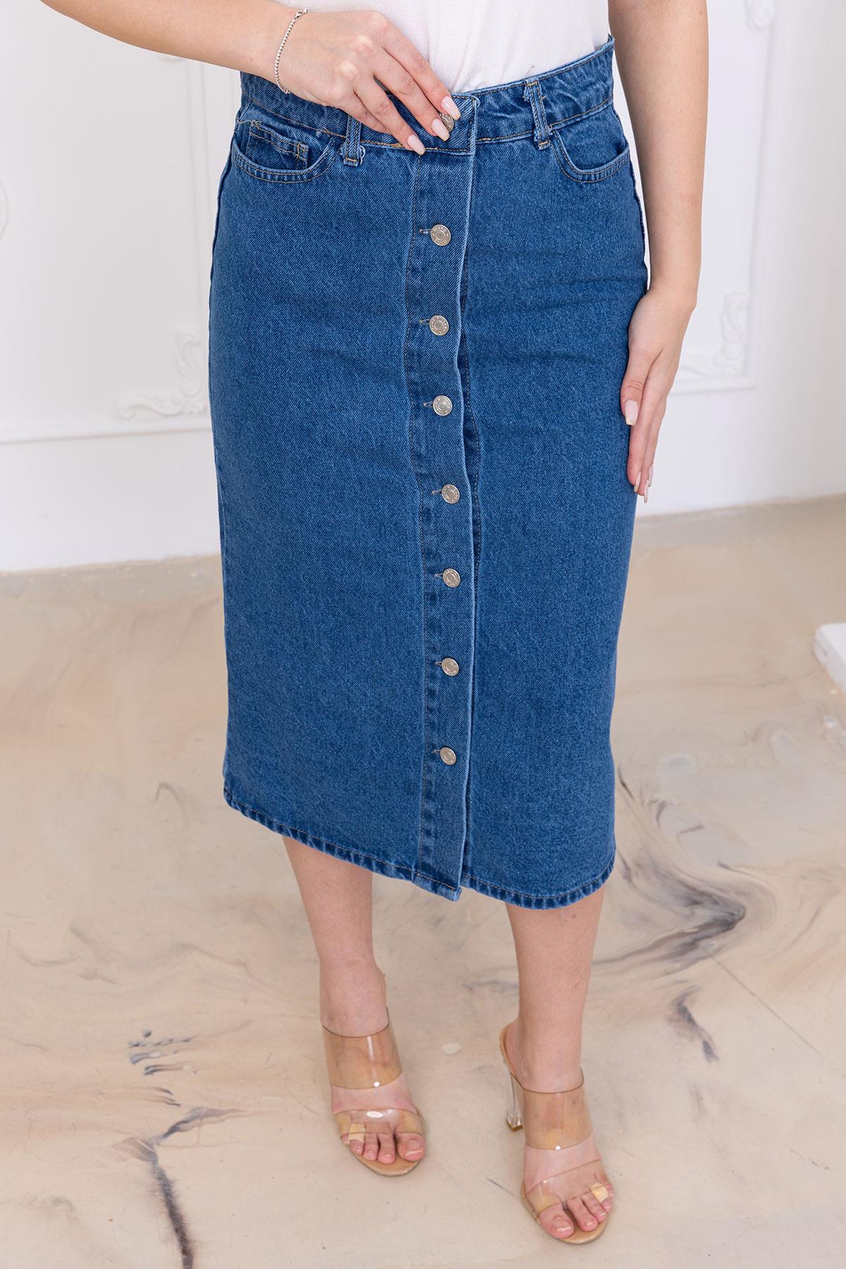 Düğmeli Kot Etek Koyu Mavi SS2697