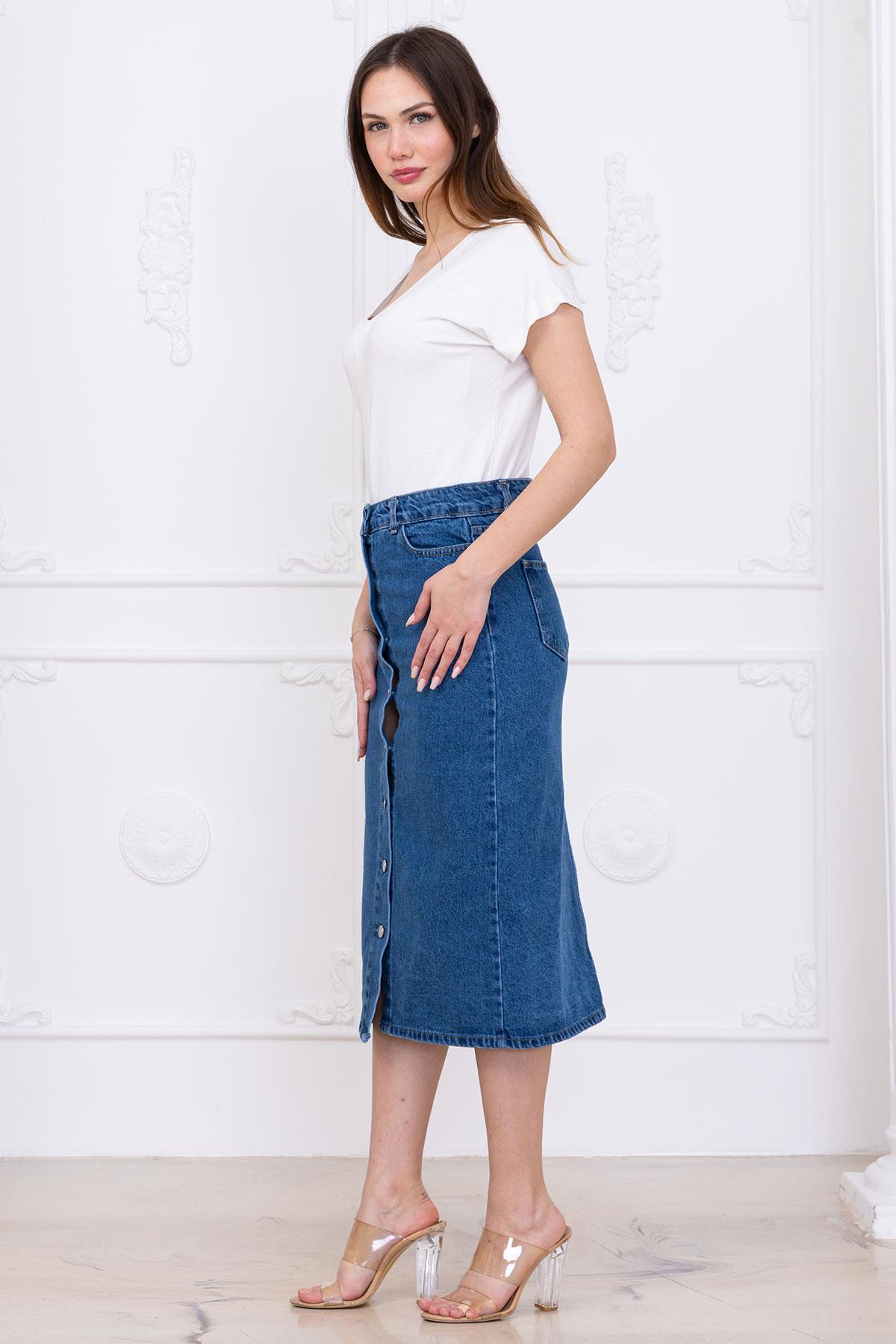 Düğmeli Kot Etek Koyu Mavi SS2697