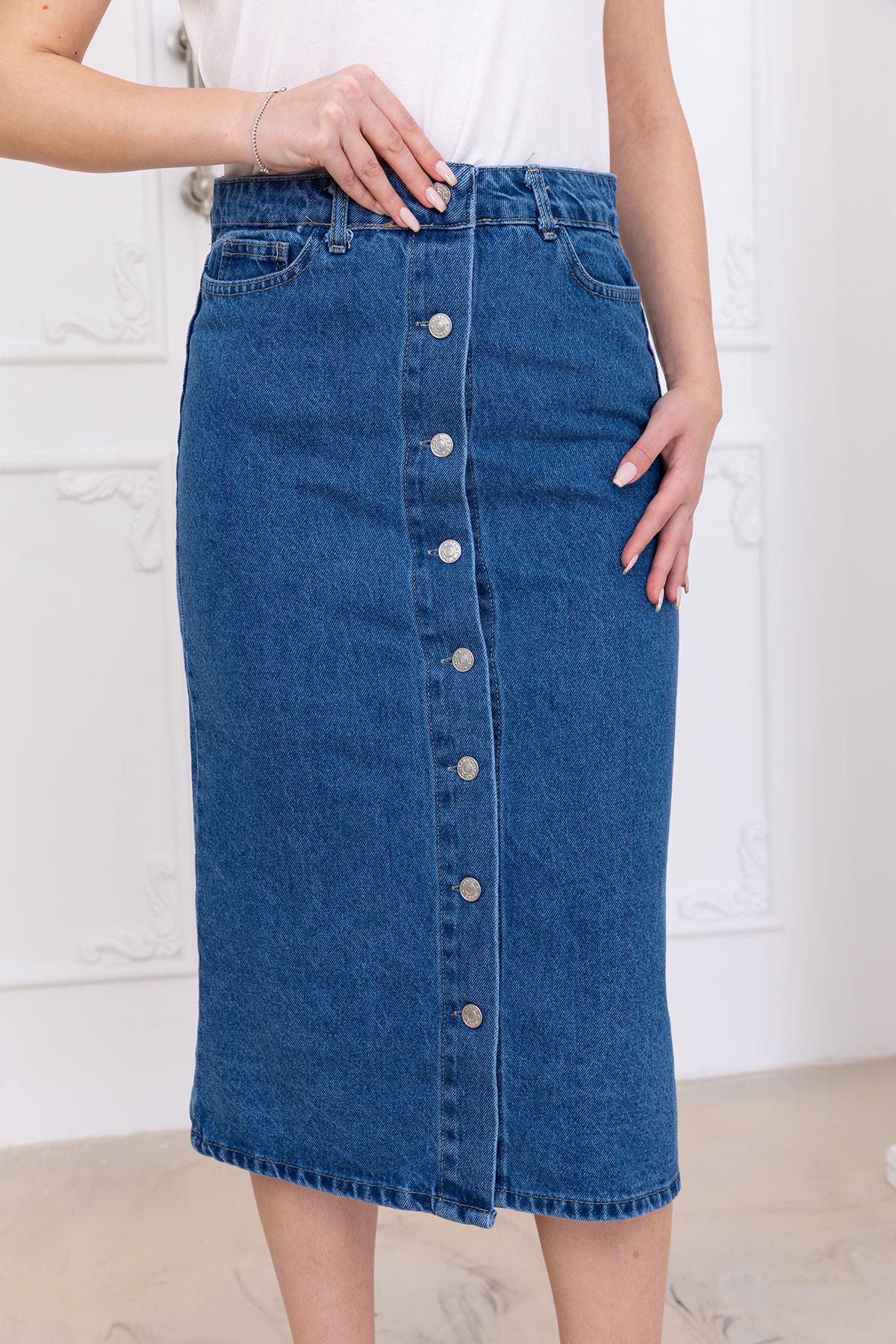 Düğmeli Kot Etek Koyu Mavi SS2697