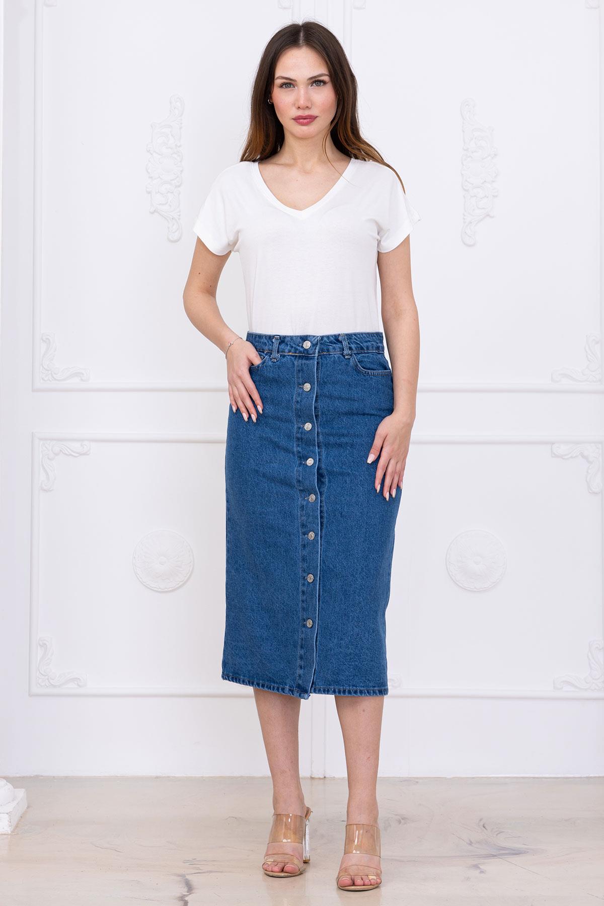 Düğmeli Kot Etek Koyu Mavi SS2697