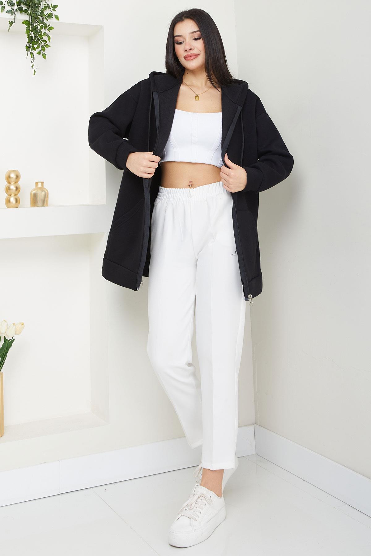 Kapüşonlu 3 İplik İçi Şardonlu Fermuarlı Sweatshirt Hırka Siyah SS2648
