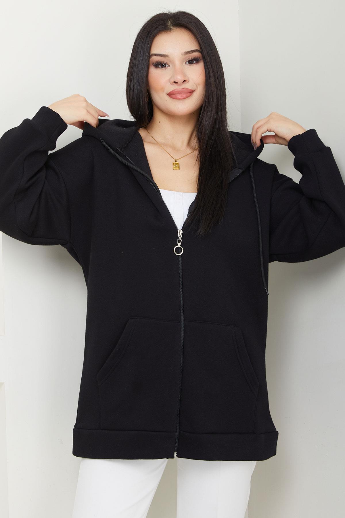 Kapüşonlu 3 İplik İçi Şardonlu Fermuarlı Sweatshirt Hırka Siyah SS2648