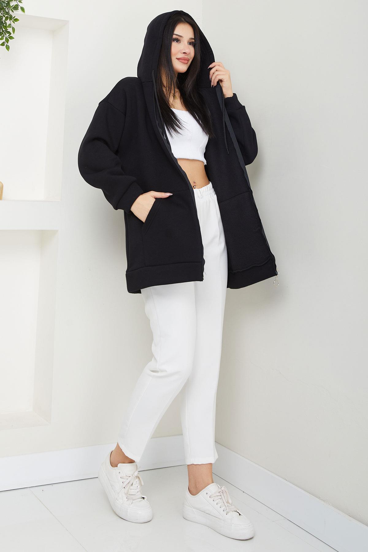 Kapüşonlu 3 İplik İçi Şardonlu Fermuarlı Sweatshirt Hırka Siyah SS2648