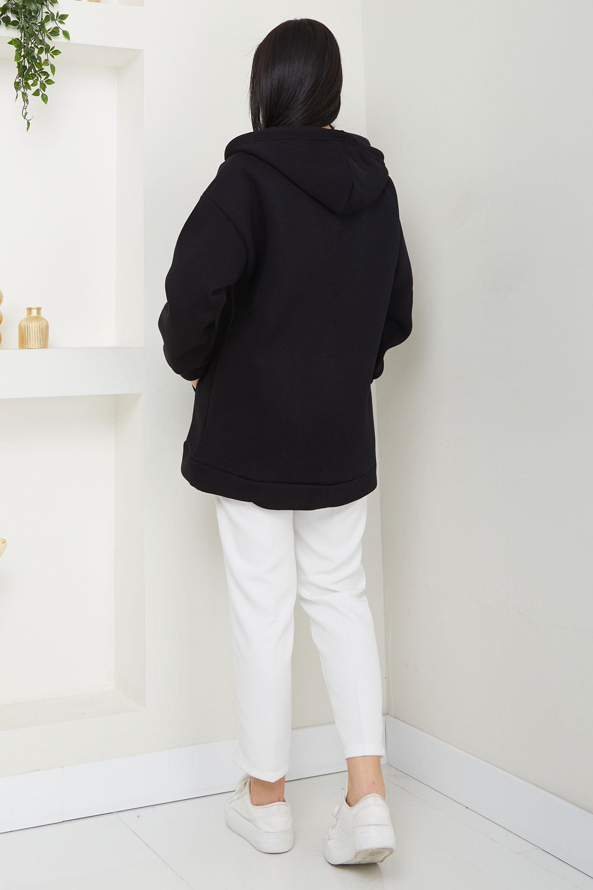 Kapüşonlu 3 İplik İçi Şardonlu Fermuarlı Sweatshirt Hırka Siyah SS2648