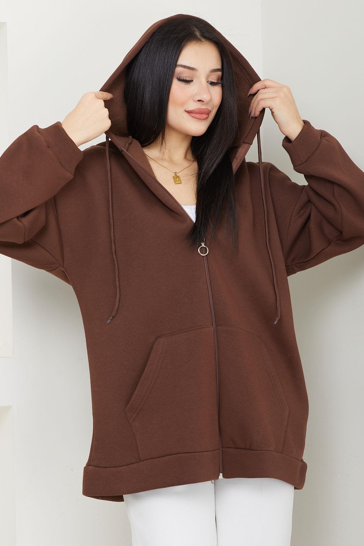 Kapüşonlu 3 İplik İçi Şardonlu Fermuarlı Sweatshirt Hırka Kahverengi SS2648