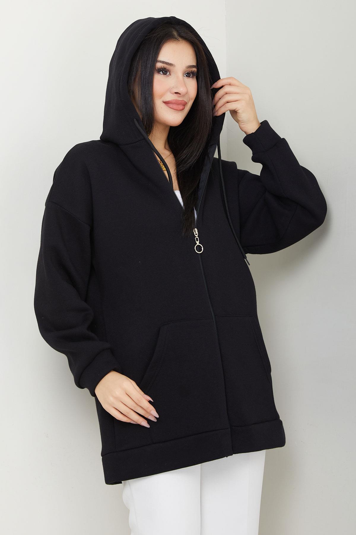 Kapüşonlu 3 İplik İçi Şardonlu Fermuarlı Sweatshirt Hırka Siyah SS2648