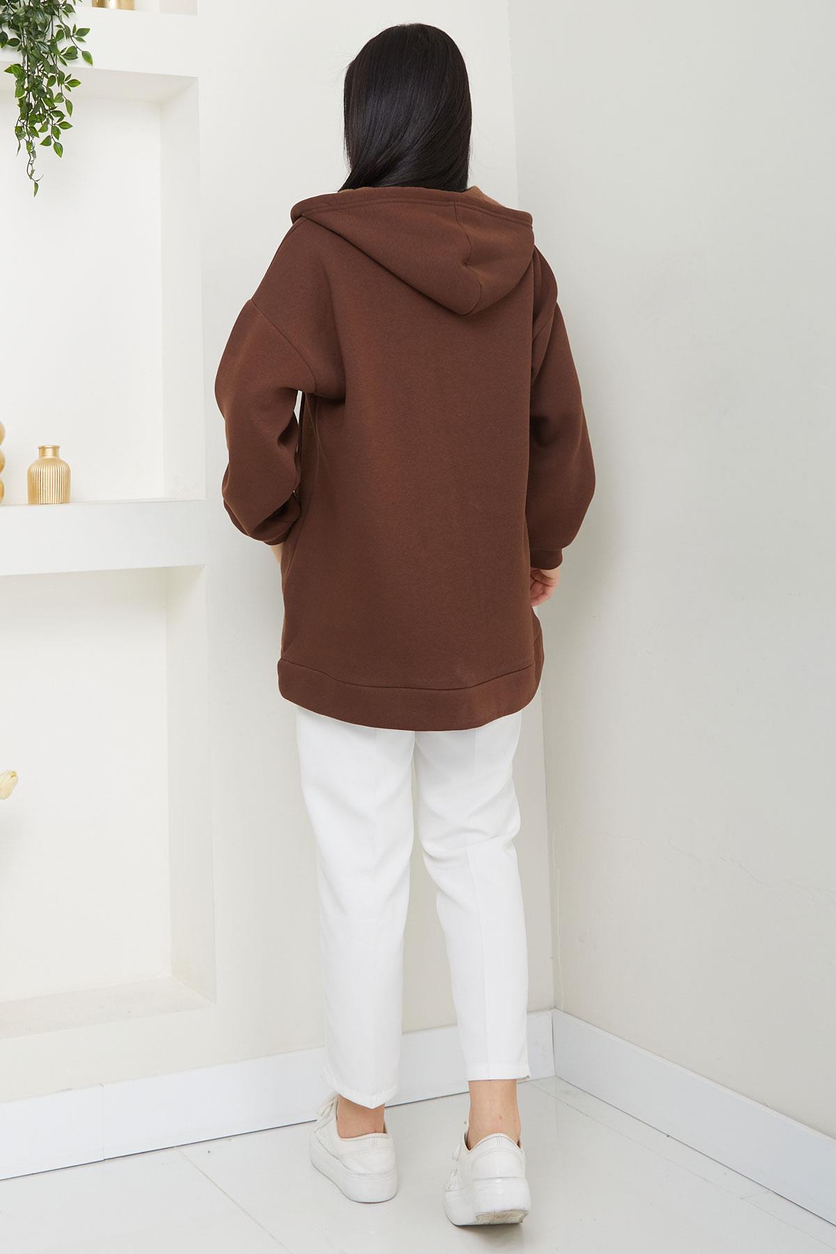 Kapüşonlu 3 İplik İçi Şardonlu Fermuarlı Sweatshirt Hırka Kahverengi SS2648