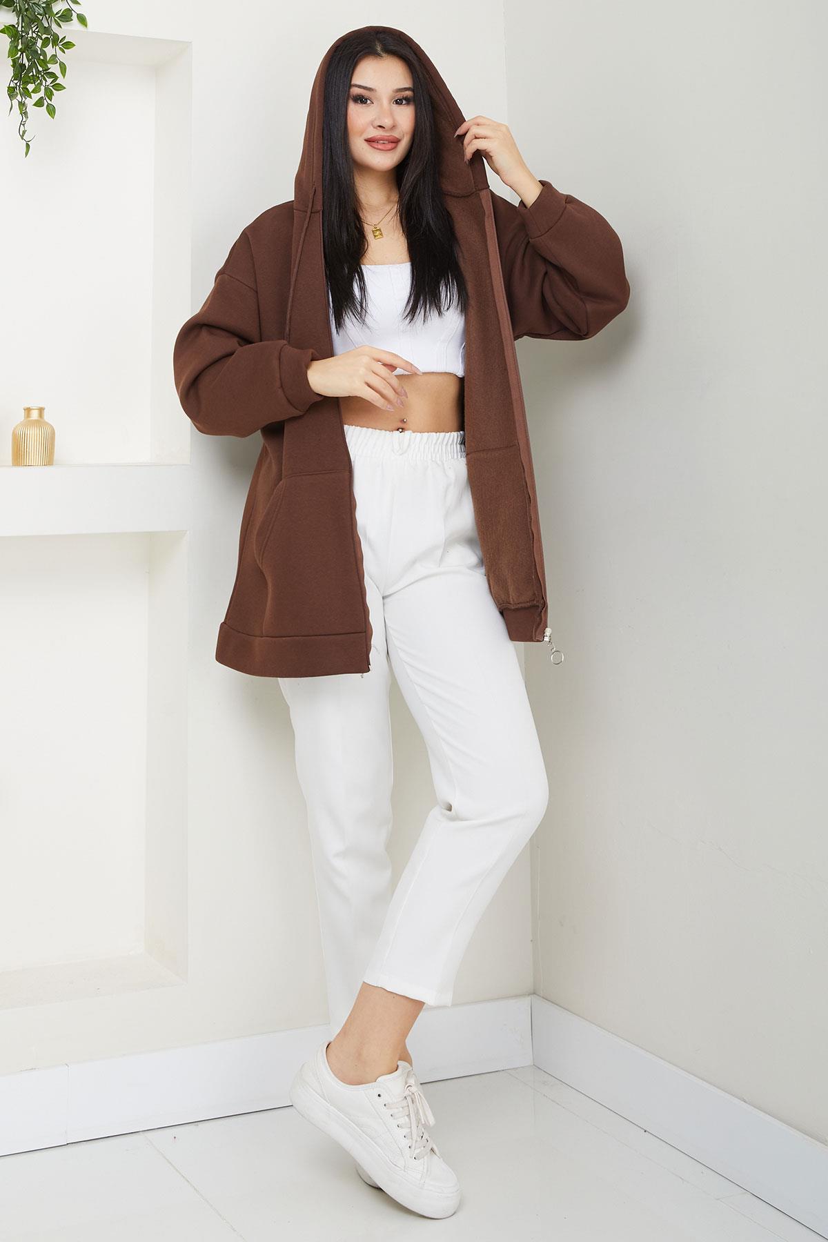 Kapüşonlu 3 İplik İçi Şardonlu Fermuarlı Sweatshirt Hırka Kahverengi SS2648