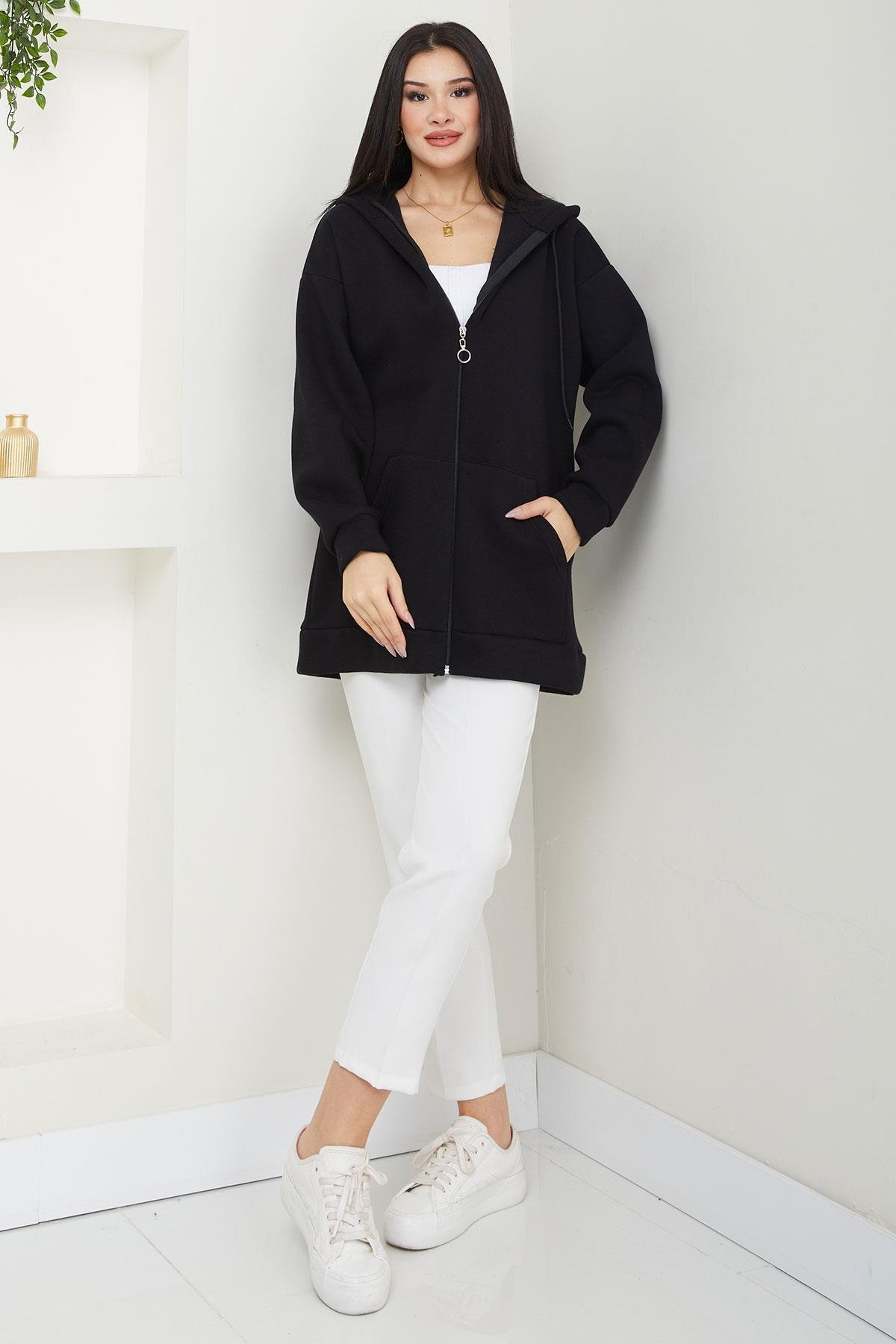 Kapüşonlu 3 İplik İçi Şardonlu Fermuarlı Sweatshirt Hırka Siyah SS2648