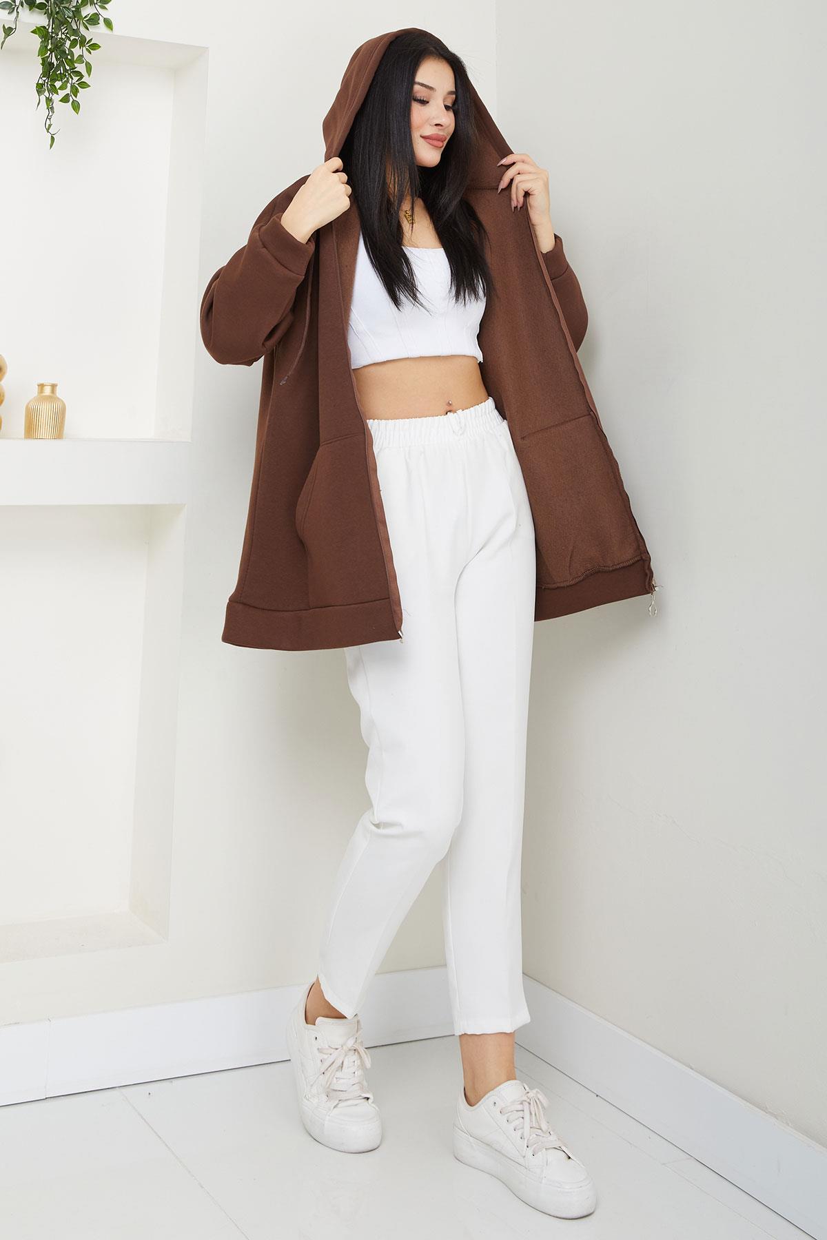 Kapüşonlu 3 İplik İçi Şardonlu Fermuarlı Sweatshirt Hırka Kahverengi SS2648