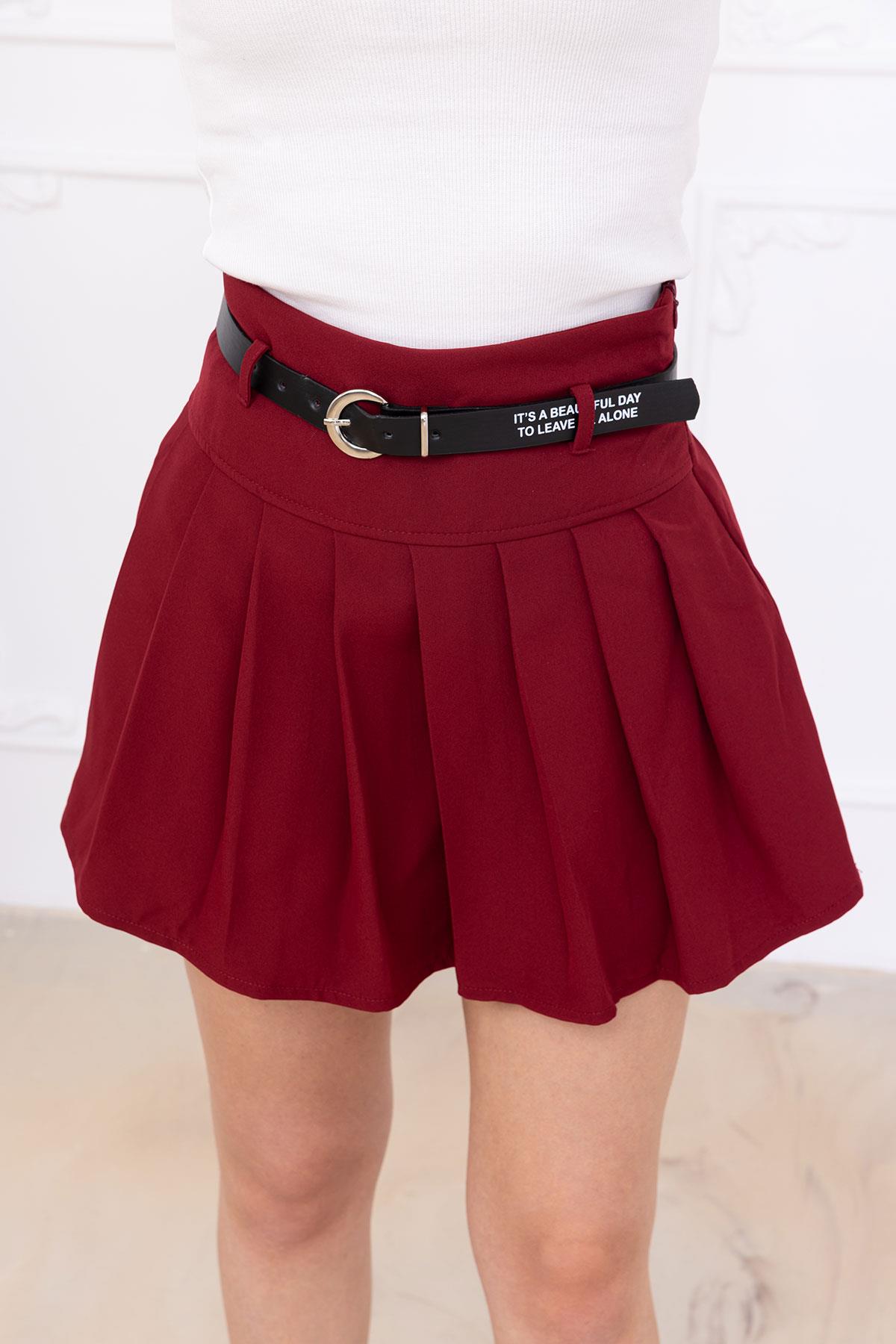 Kemerli Pileli Şort Etek Bordo SS2699