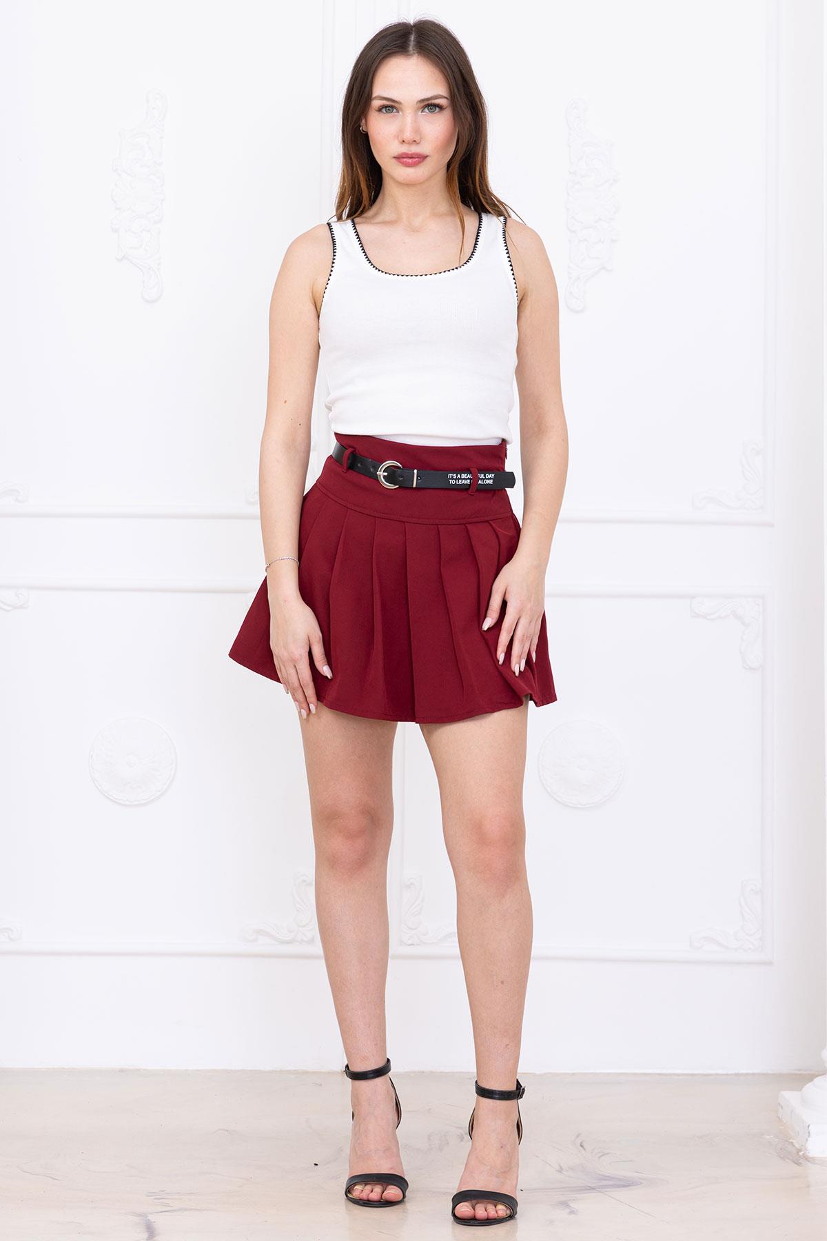 Kemerli Pileli Şort Etek Bordo SS2699