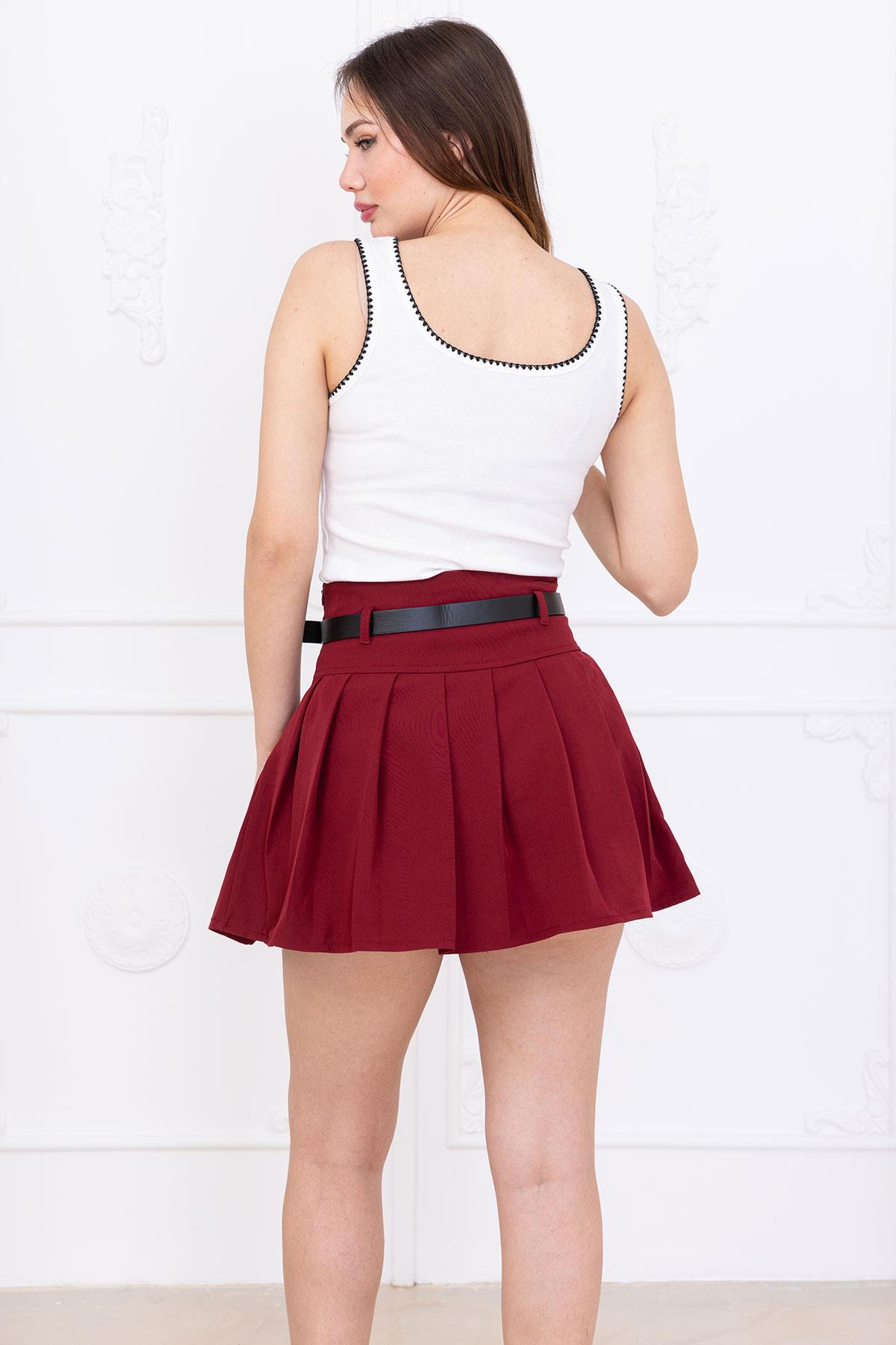 Kemerli Pileli Şort Etek Bordo SS2699