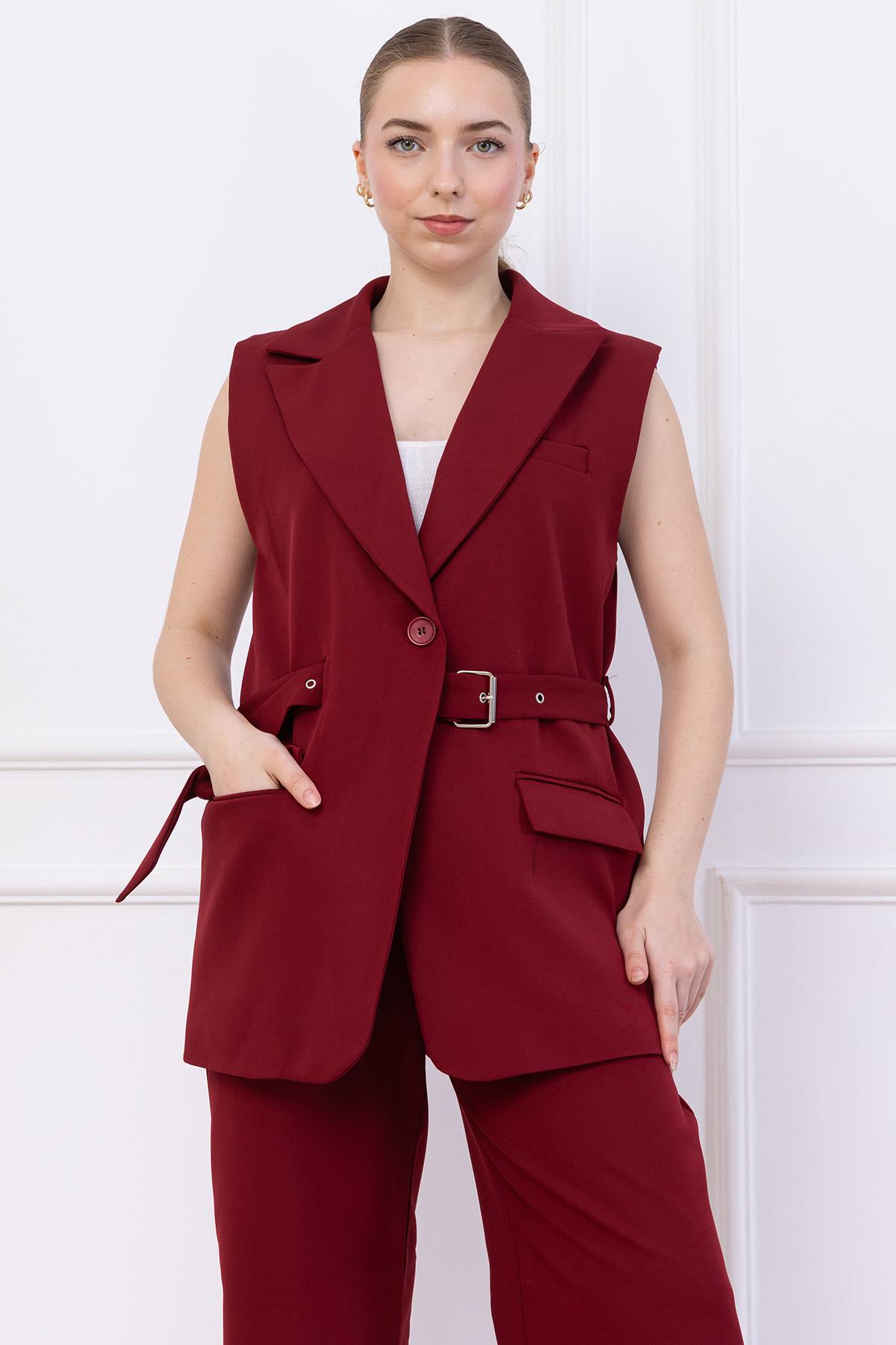 Kemerli Yelekli Takım Bordo SS2749