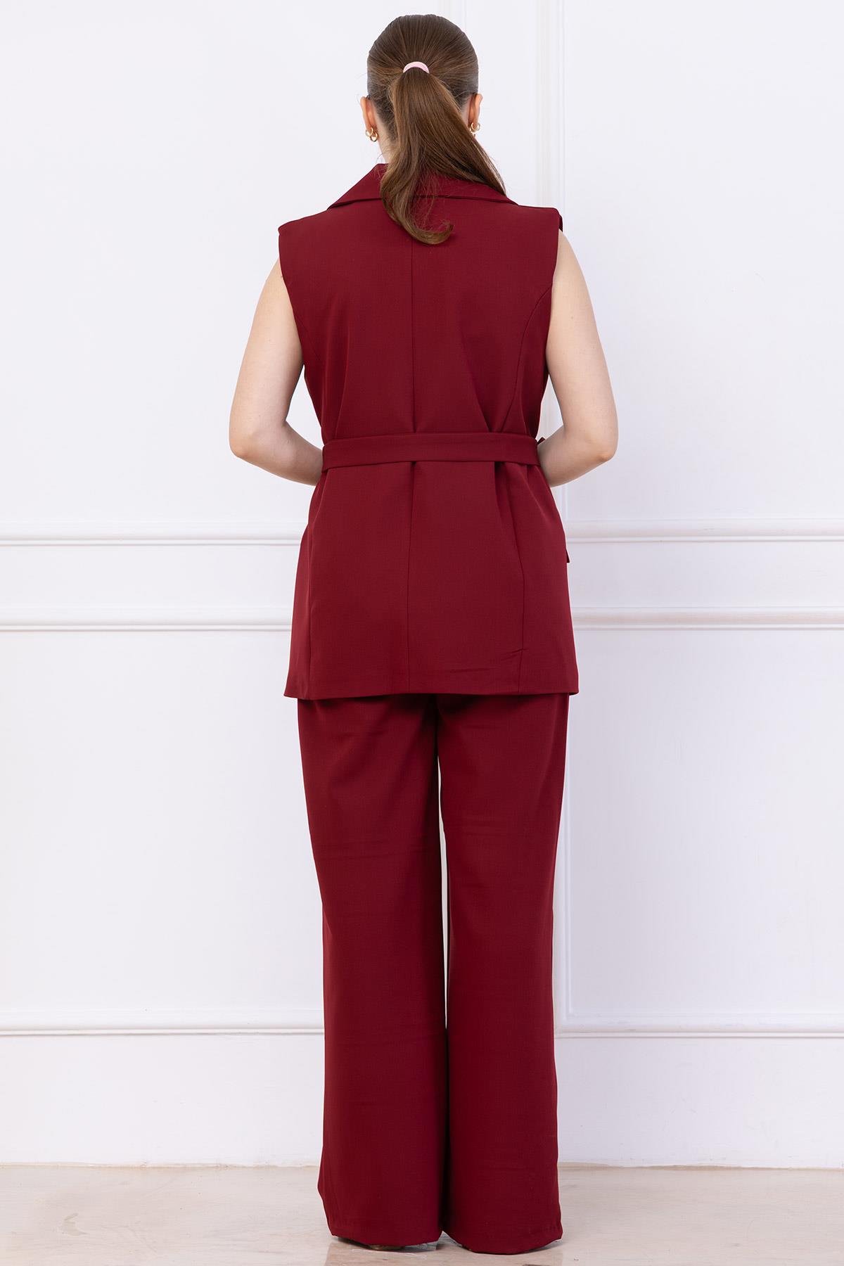Kemerli Yelekli Takım Bordo SS2749