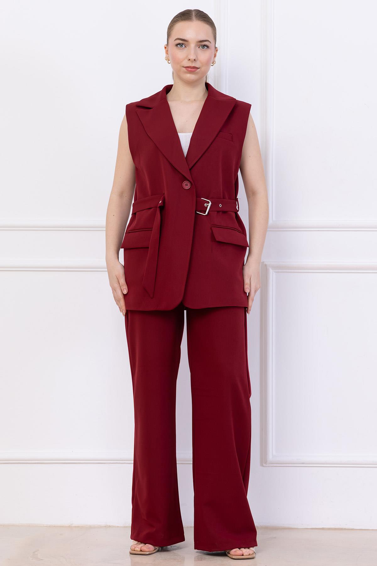 Kemerli Yelekli Takım Bordo SS2749