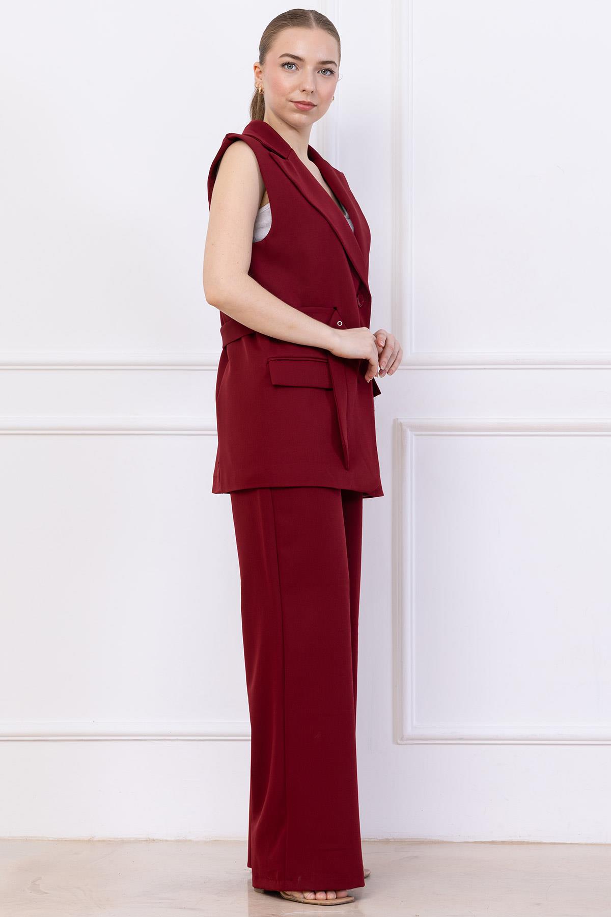 Kemerli Yelekli Takım Bordo SS2749