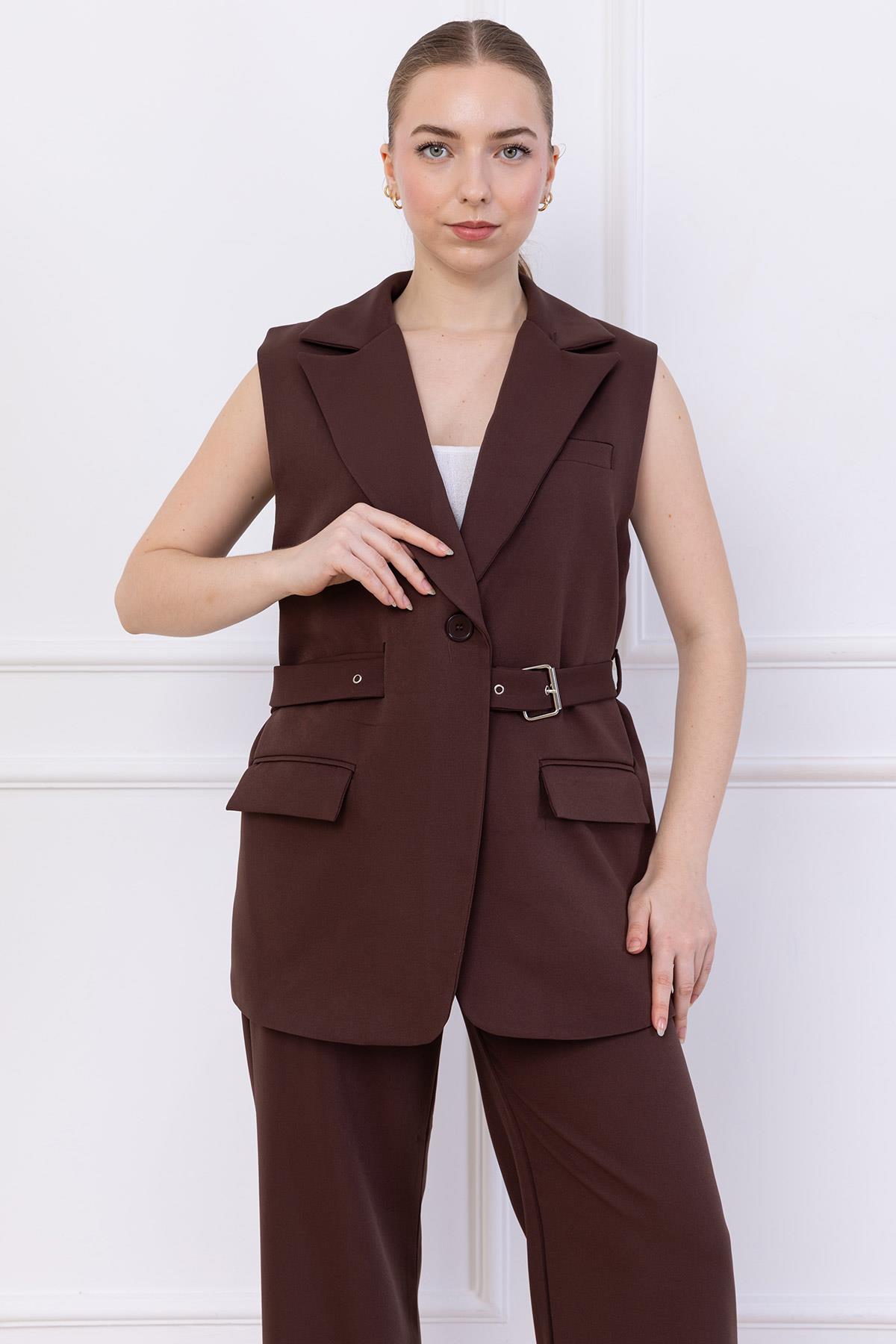 Kemerli Yelekli Takım Kahverengi SS2749