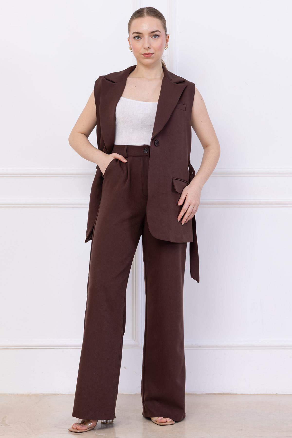 Kemerli Yelekli Takım Kahverengi SS2749