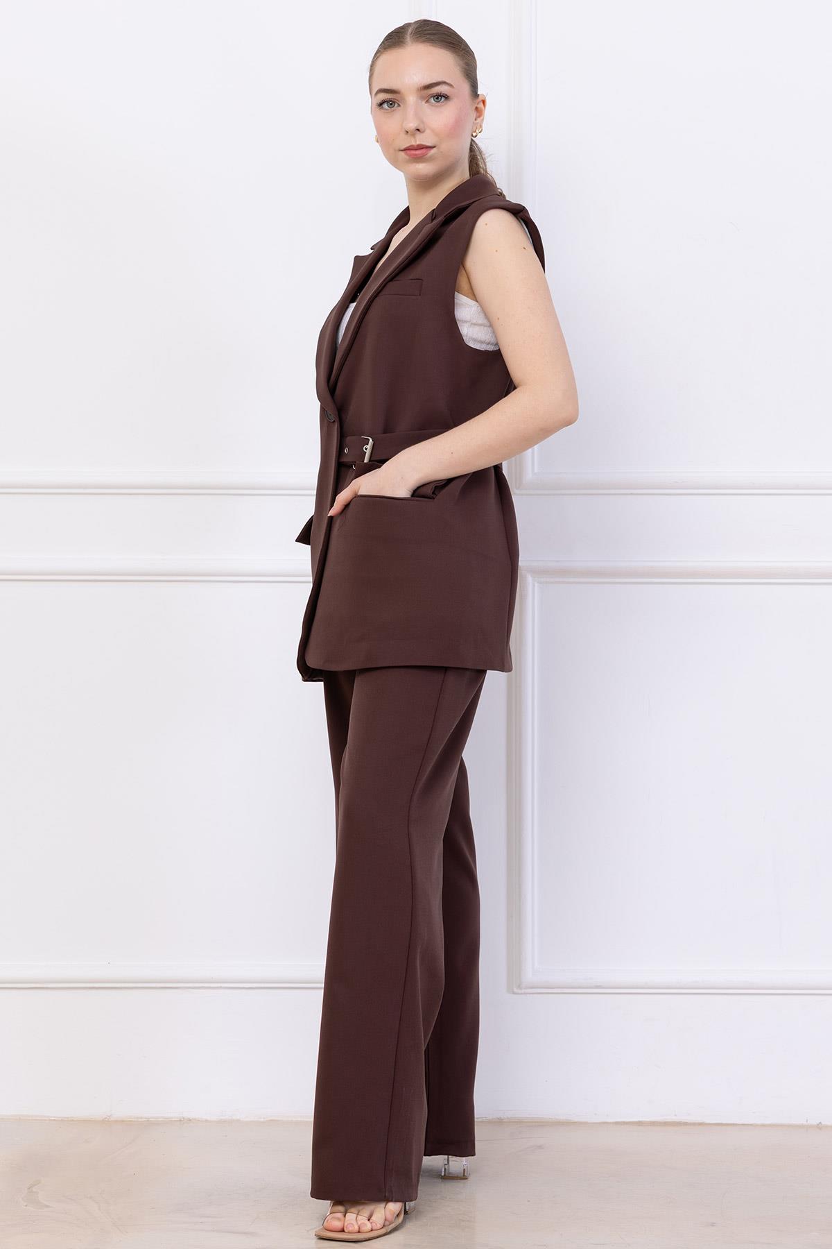 Kemerli Yelekli Takım Kahverengi SS2749